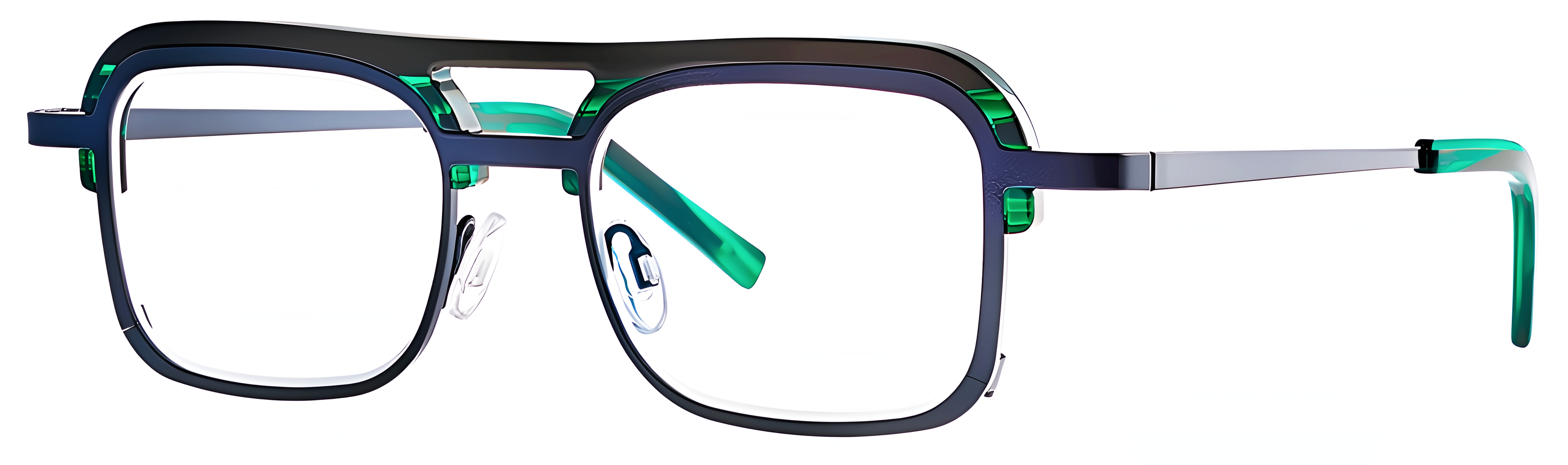 Aviator metal-acetate eyeglasses in deep blue with translucent green accents, a layered brow, and slim gray temples.