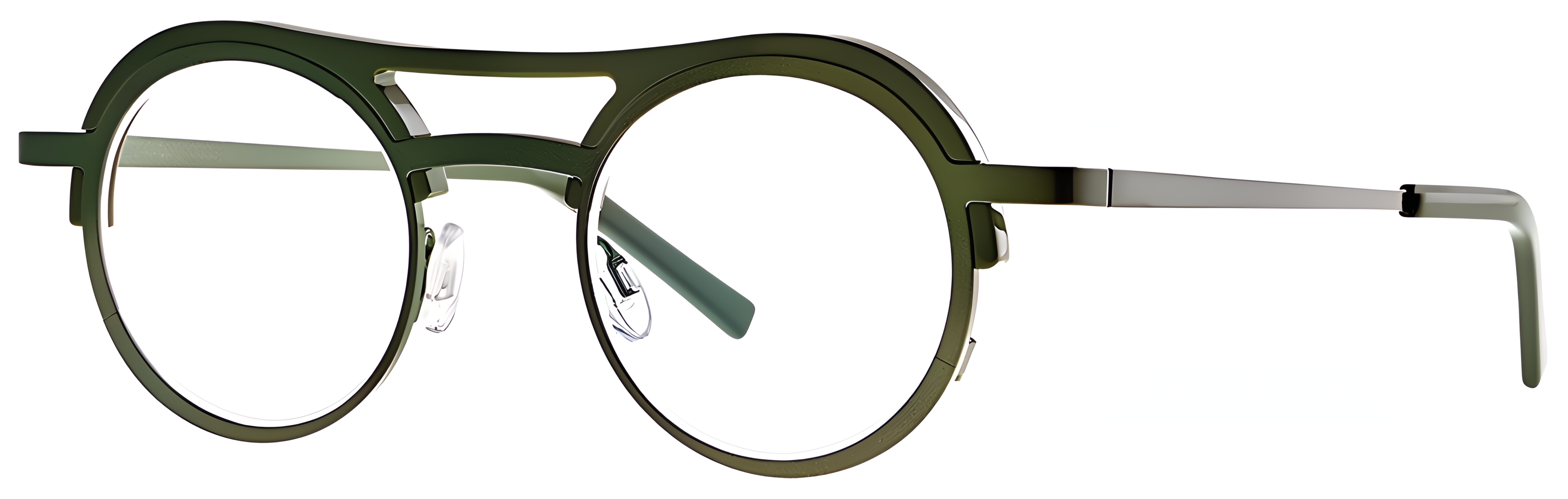 Round green metal eyeglasses with layered acetate brow detail and pale green temple contrast.