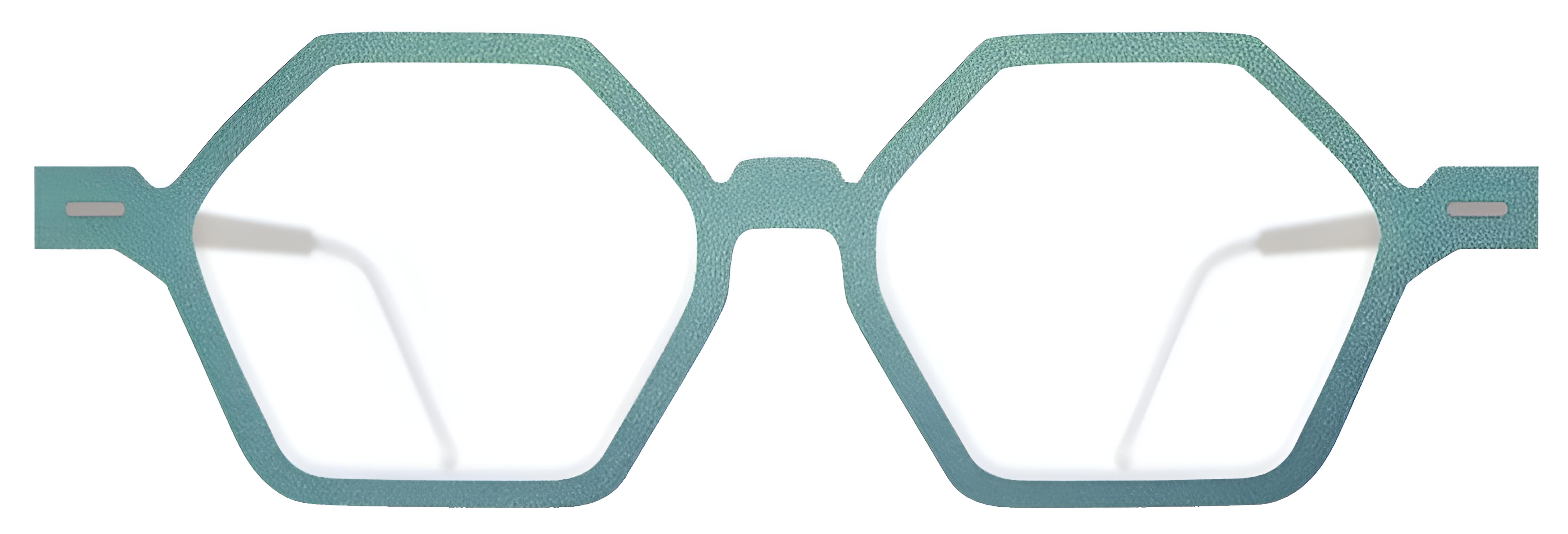 Aqua green hexagonal birch frame with textured finish, angular rims, saddle bridge, and slim silver metal temples.