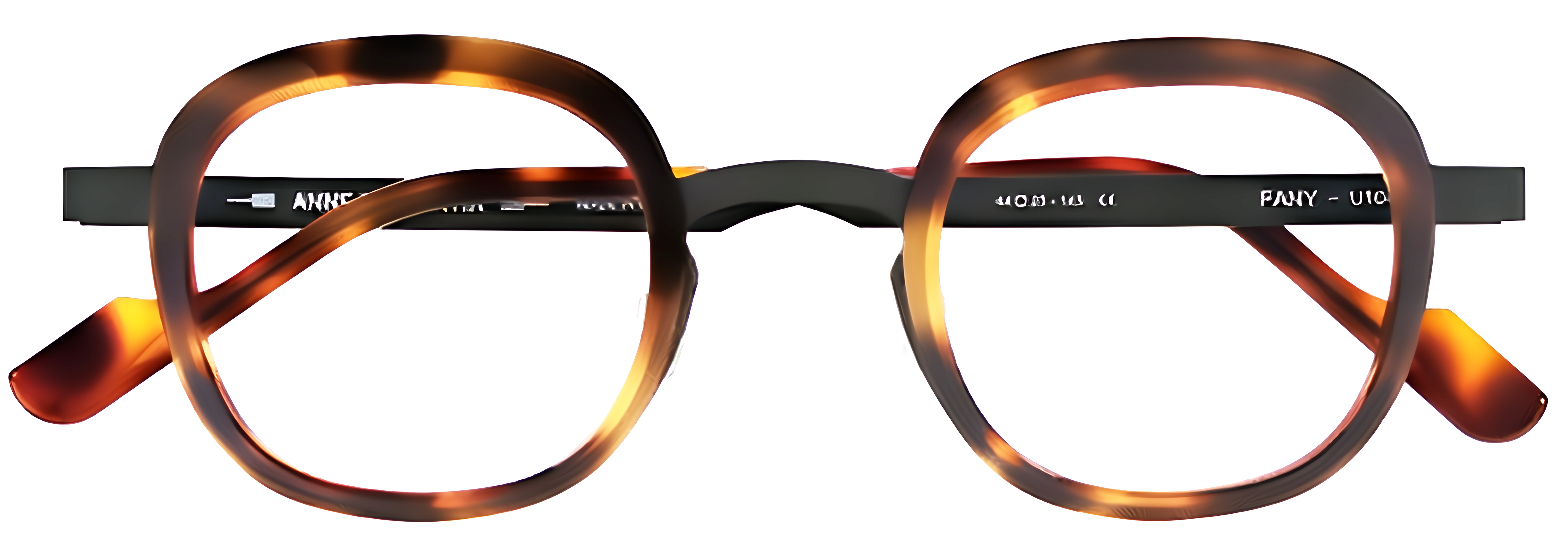 Warm tortoiseshell acetate glasses with matte black metal, softly rounded square rims, and a low-profile bridge.