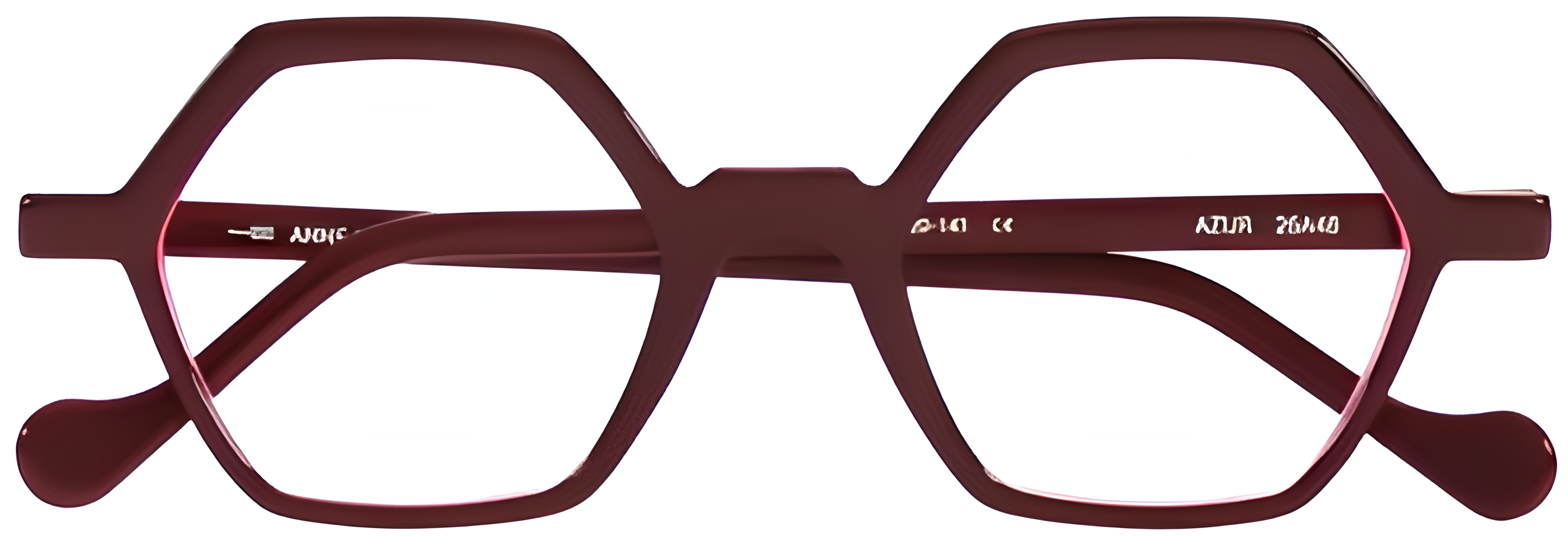 Hexagonal burgundy acetate glasses with bright translucent pink layered on the inner rims and a saddle bridge