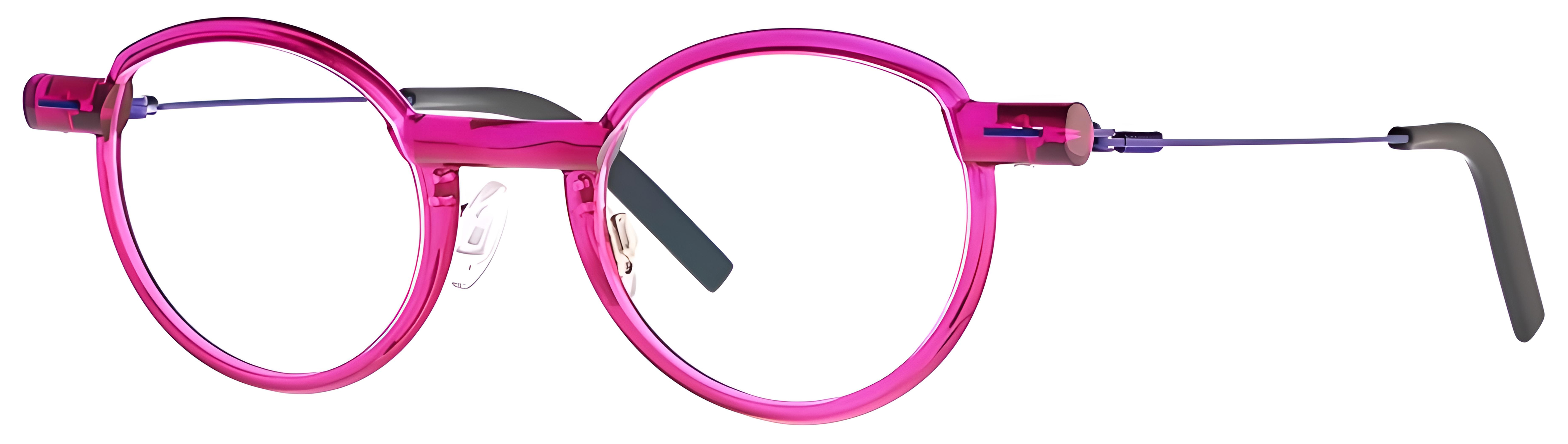 Oval pink-purple metal-acetate eyeglasses with transparent front and subtle cat-eye lift.