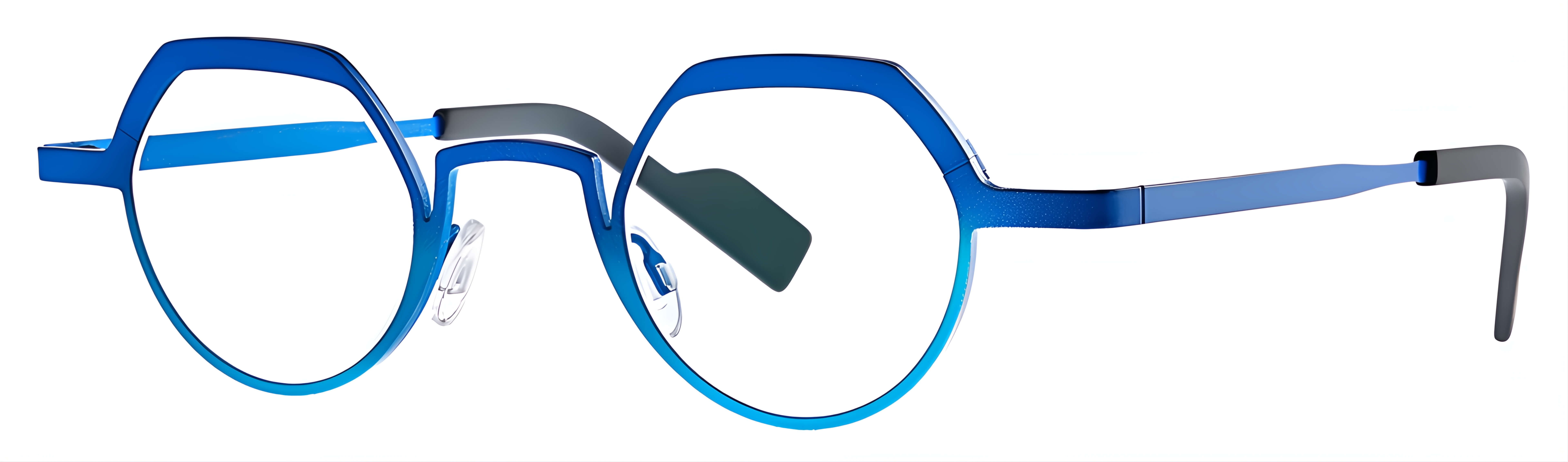 Round blue metal eyeglasses with turquoise lower rims, periwinkle temples, and dark grey temple tips.