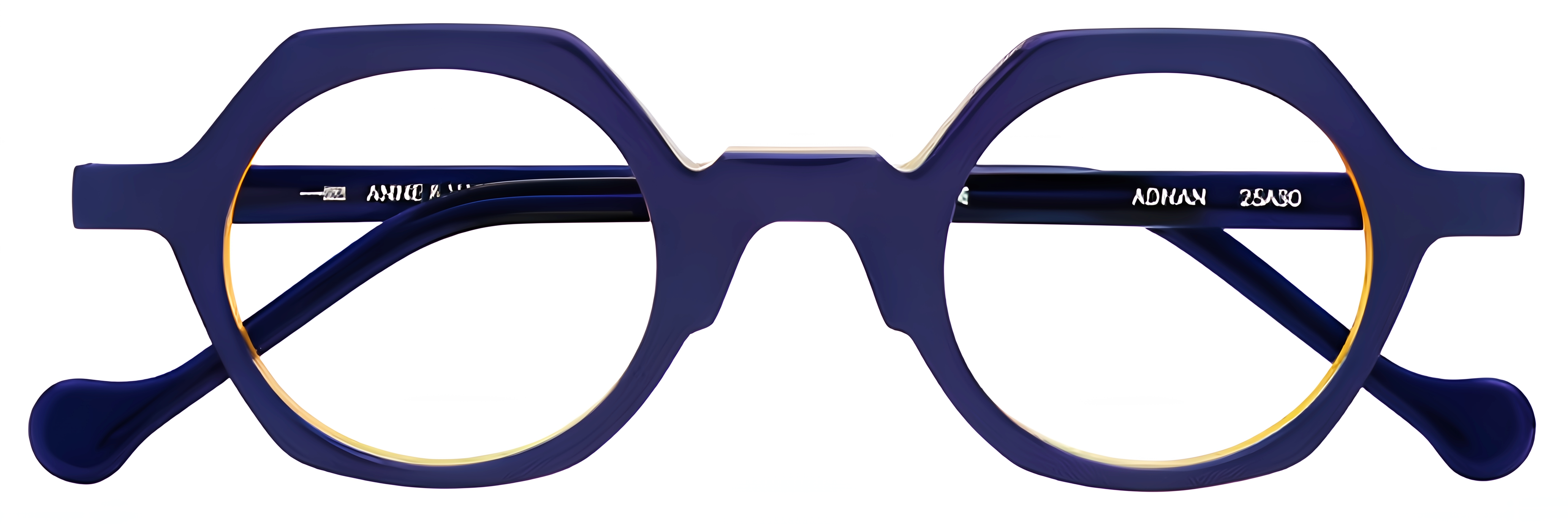 Deep indigo acetate glasses with golden yellow accents, rounded lenses, a hexagonal frame, and a saddle bridge.