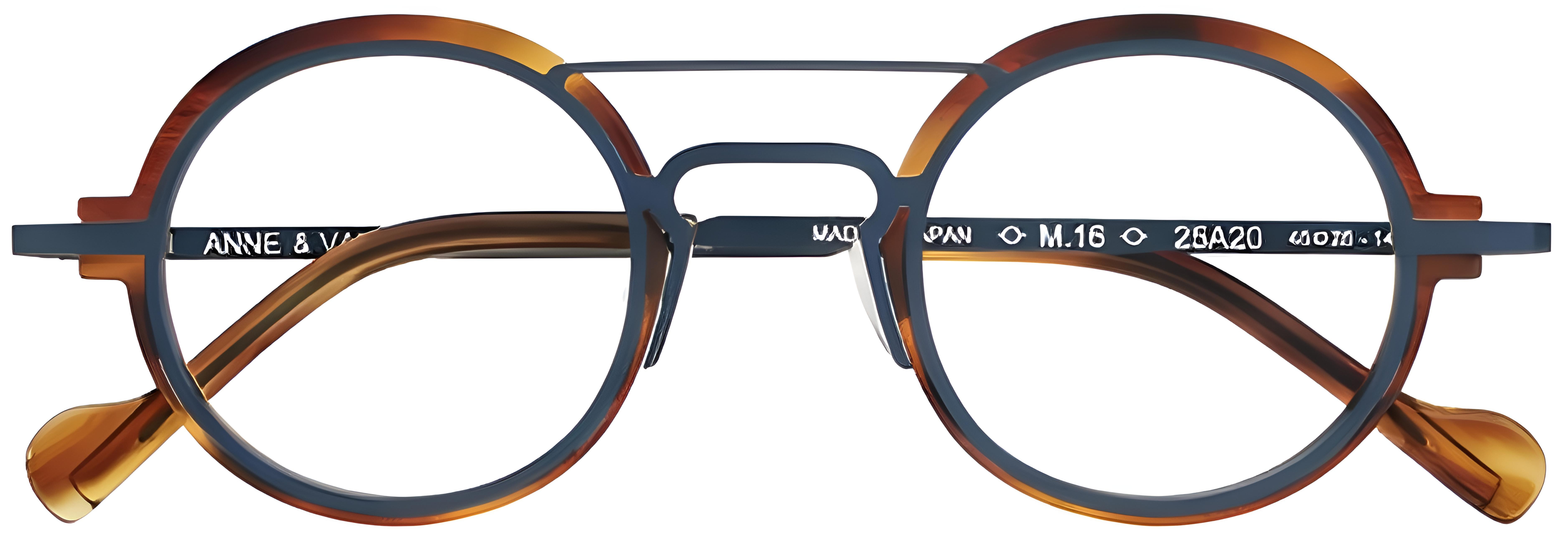 Compact round glasses with tortoise acetate rings, blue-gray titanium bridge and temples, and double bridge.