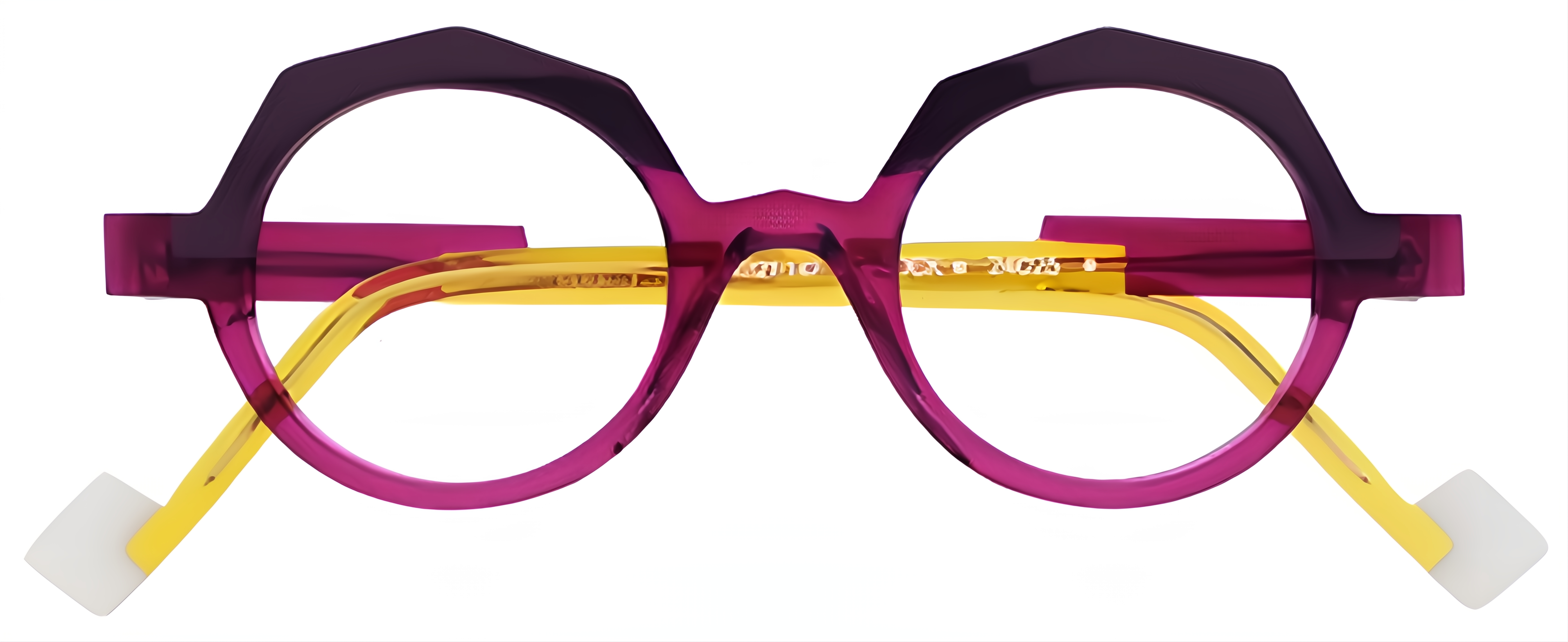 Small round magenta acetate glasses with deep plum brow accents, yellow temples, cream tips, and keyhole bridge.