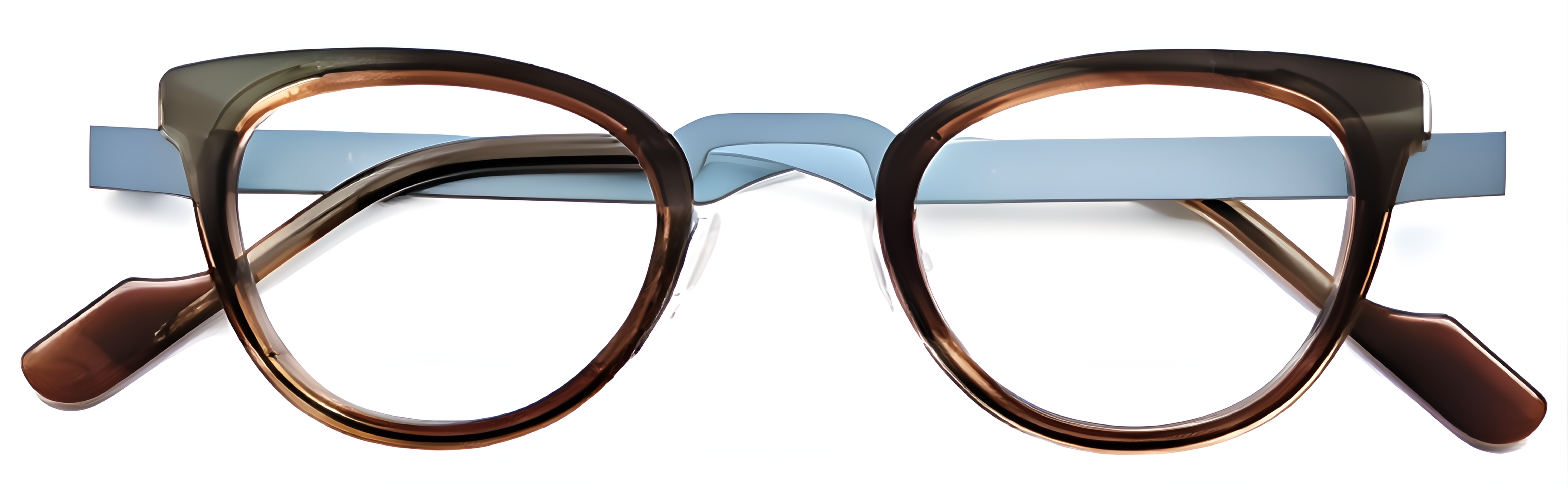 Smoky brown acetate glasses with powder blue metal, petite cat-eye rims, rounded contours, and a low-profile bridge.