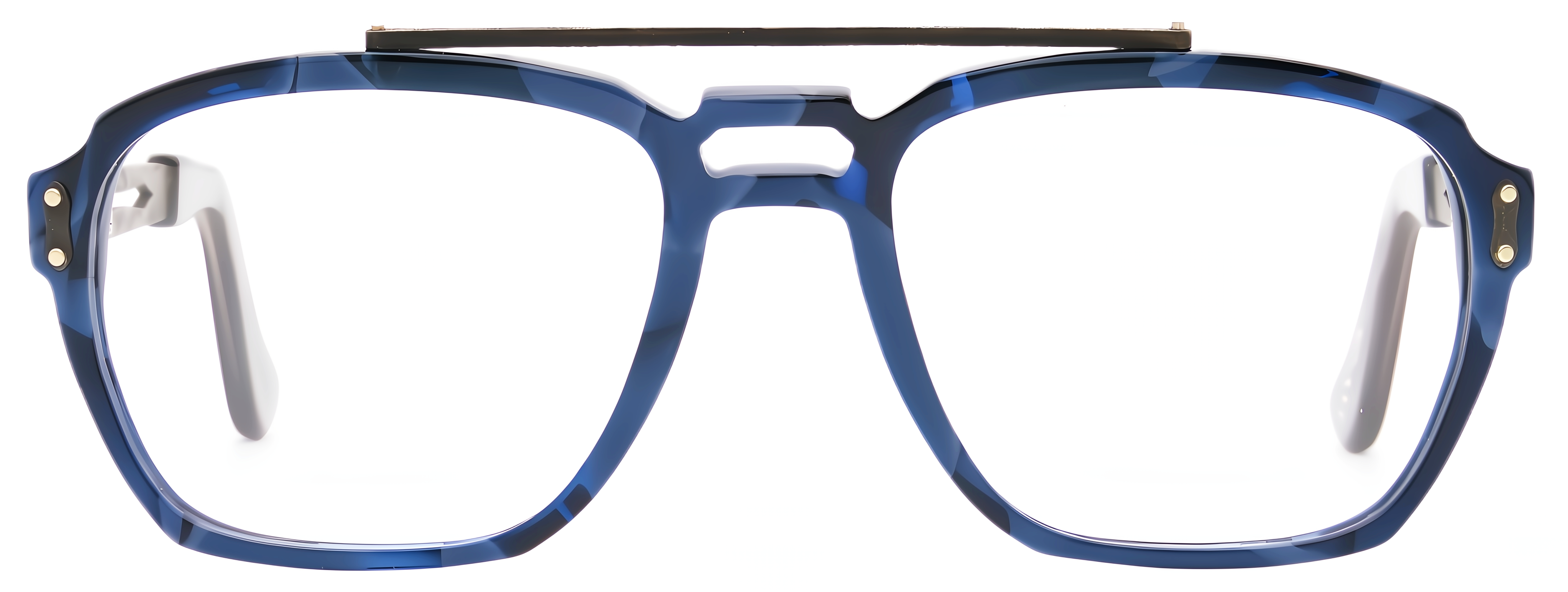 Navy slate blue marble aviator-inspired acetate glasses with blackened Damascus steel brow bar.
