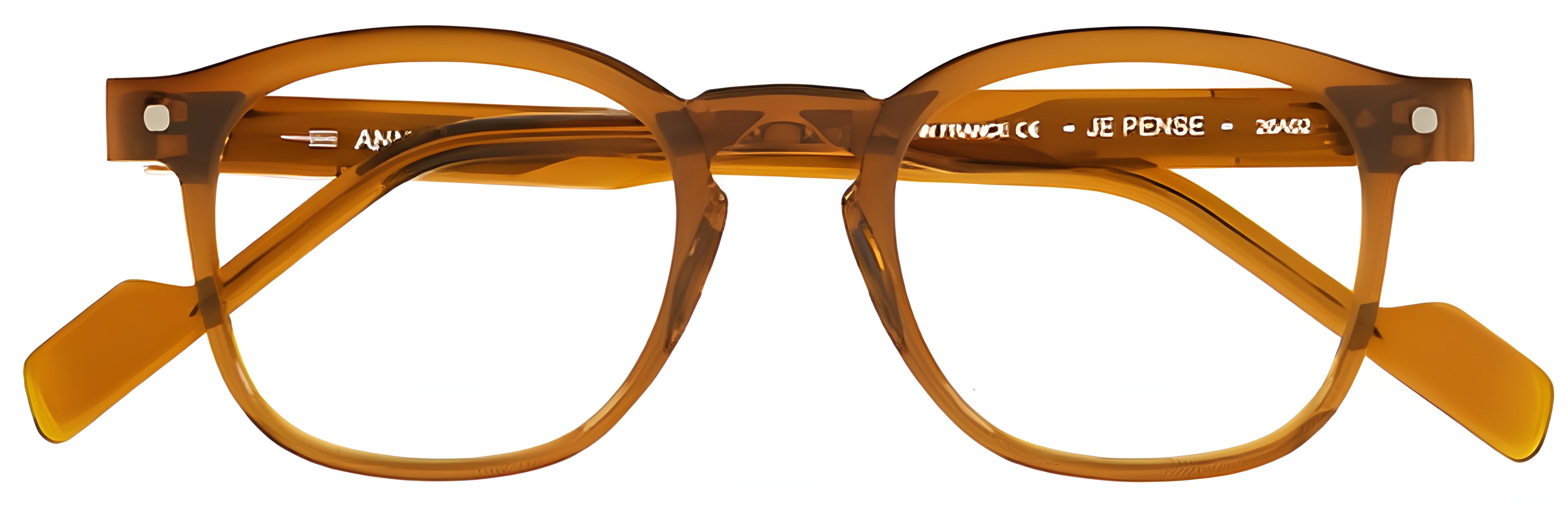 Translucent honey-amber acetate glasses with soft square rims, rounded corners, and a compact saddle bridge.