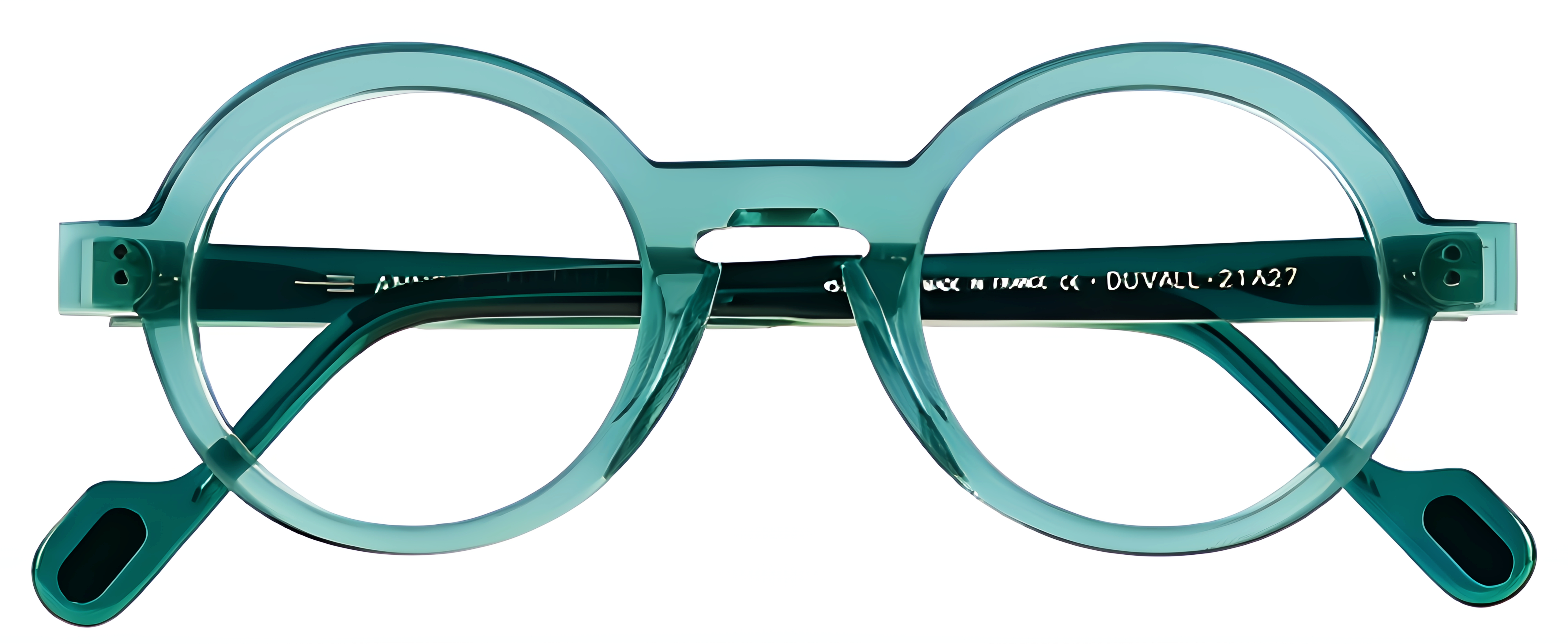 Translucent seafoam green acetate glasses with deep teal temples, round lenses, angular brow, and a keyhole bridge.