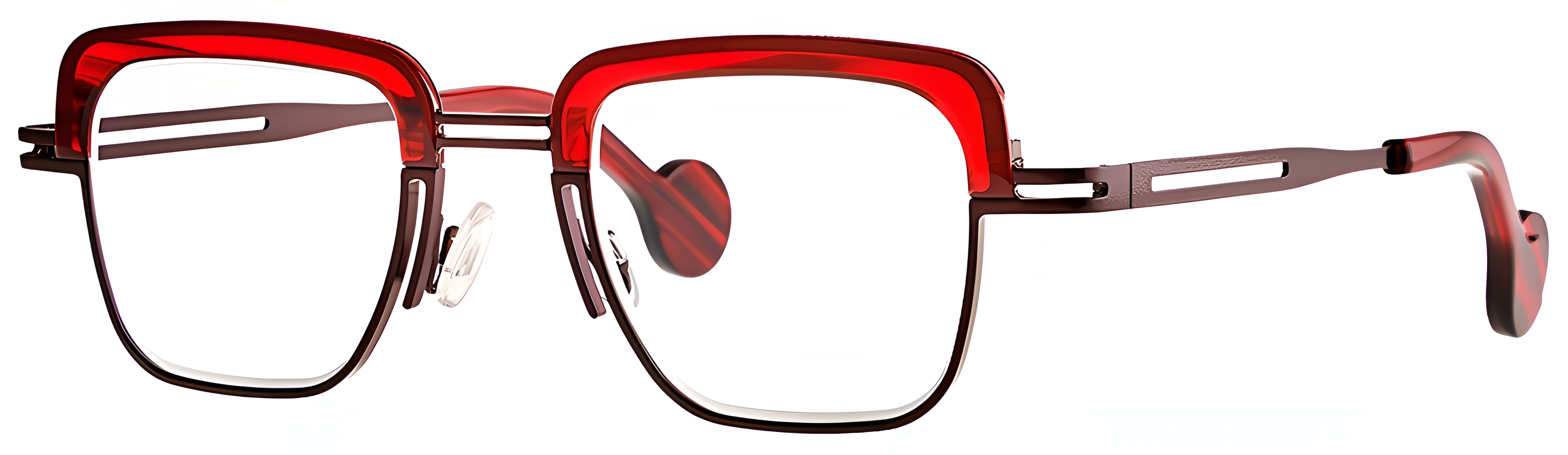 Square red metal-acetate eyeglasses with a layered red-lined accent and bold full-rim design.