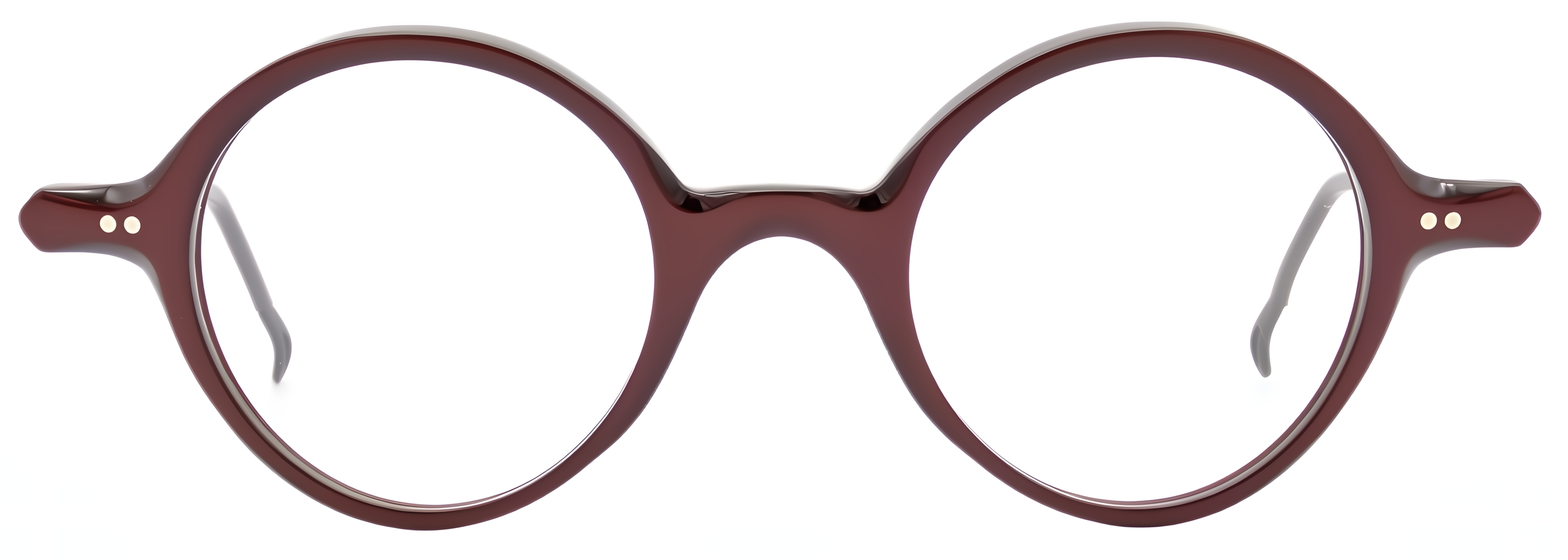 Translucent metallic red round acetate glasses with dark antique bronze titanium details.