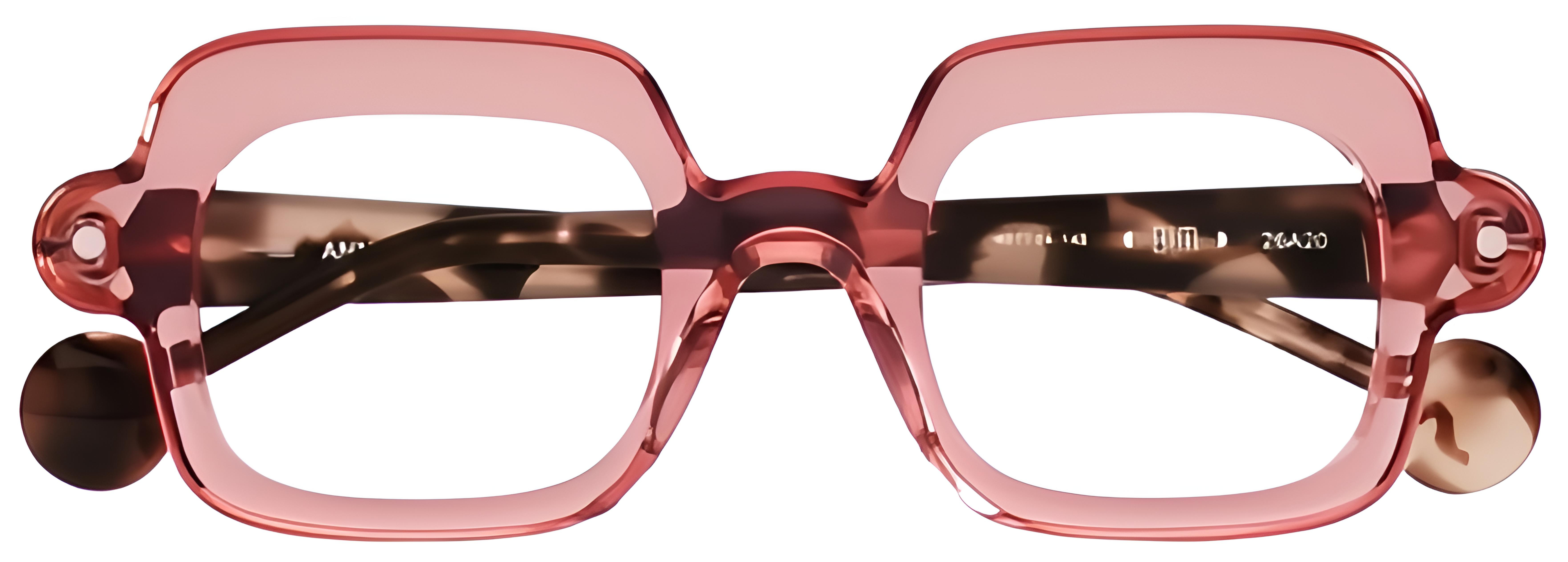 Translucent coral-pink rectangular acetate glasses with rounded corners, mixed tortoise temples, and round hinge accents