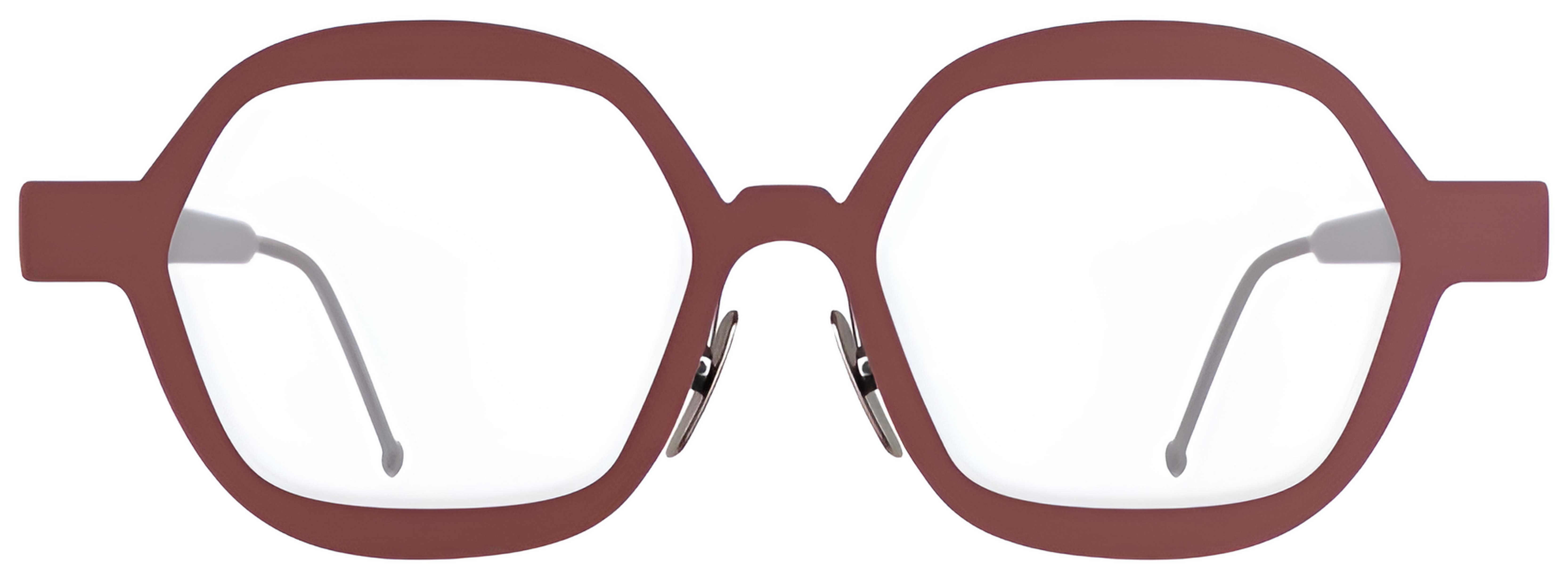 Muted brick red rounded-square birch frame with faceted upper corners, nose pads, and slim gun-colored metal temples.