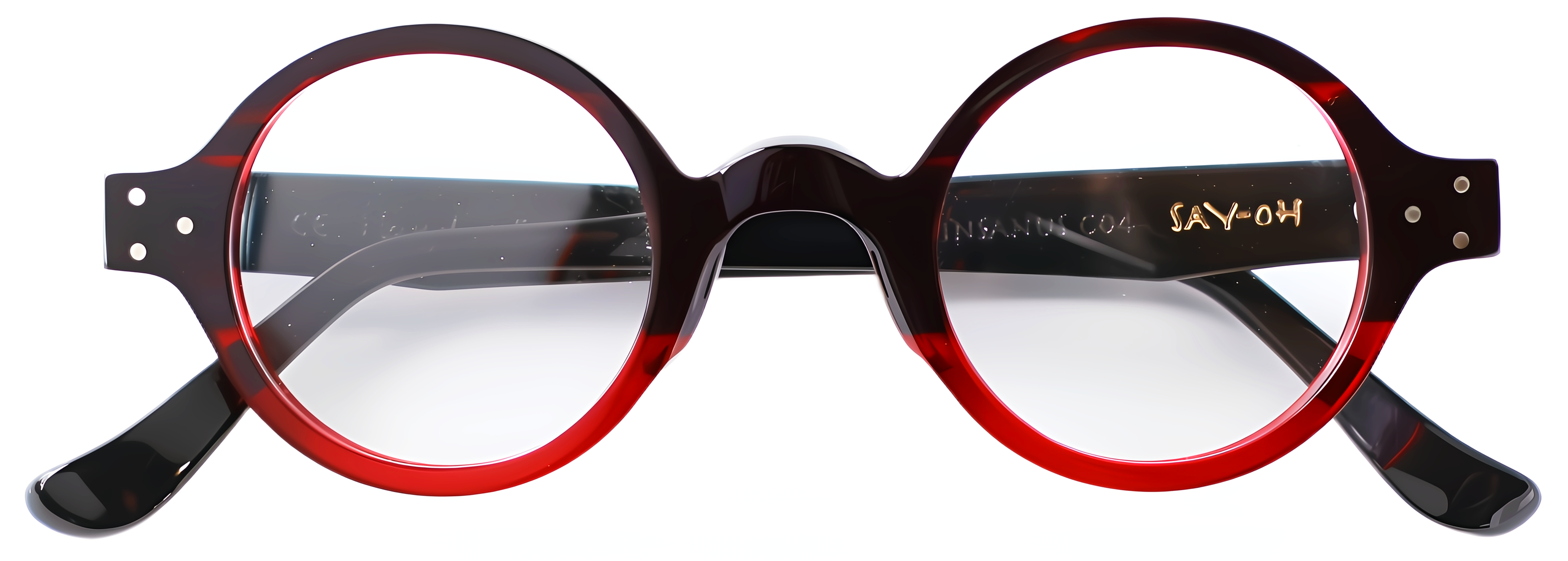 Black and wine tortoise round acetate glasses with translucent wine lower rims and black temples.