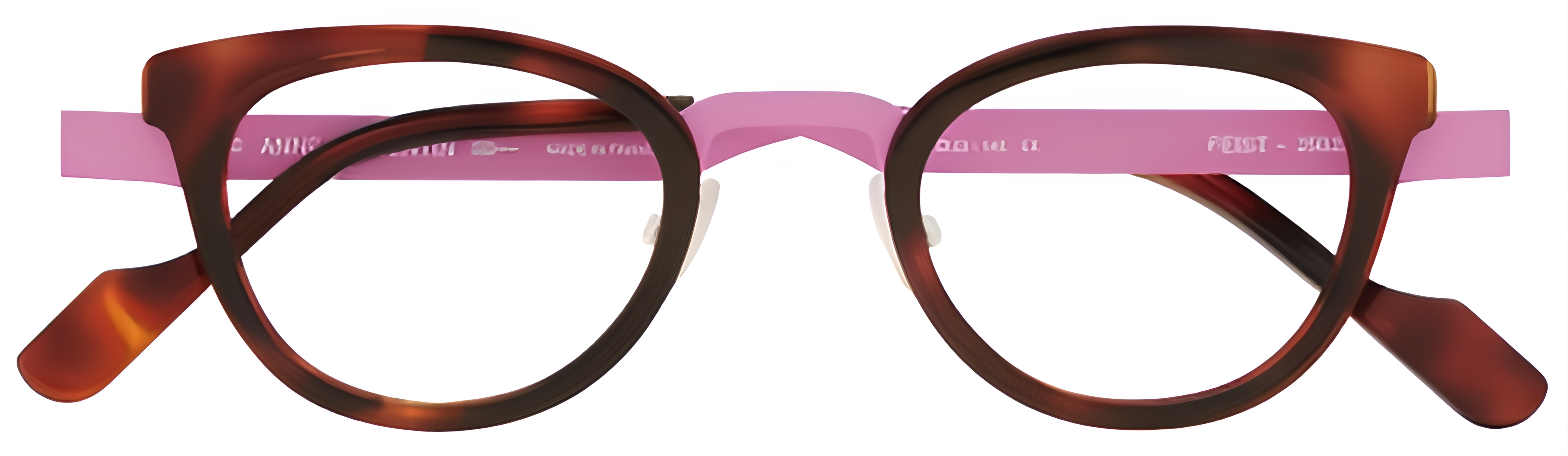 Soft cat-eye tortoise acetate and pink metal glasses with slim rims, adjustable nose pads, and acetate temple tips