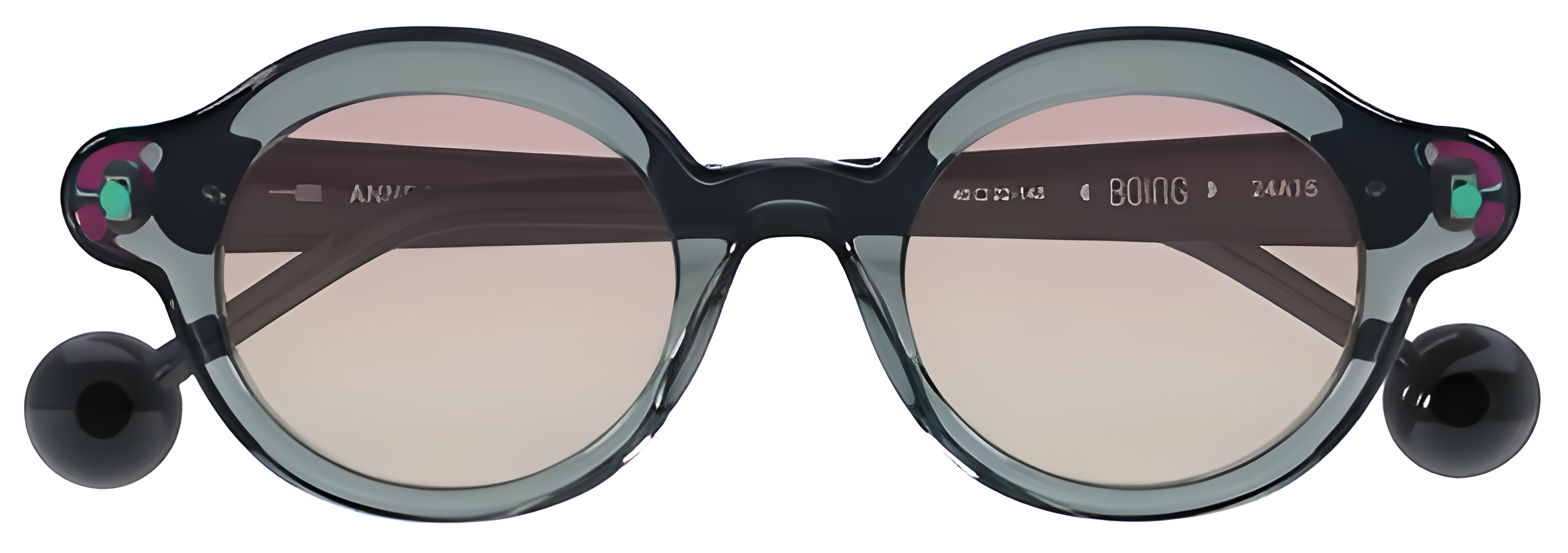 Round smoky gray acetate glasses with charcoal temples, pink hinge accents, and turquoise resin point details