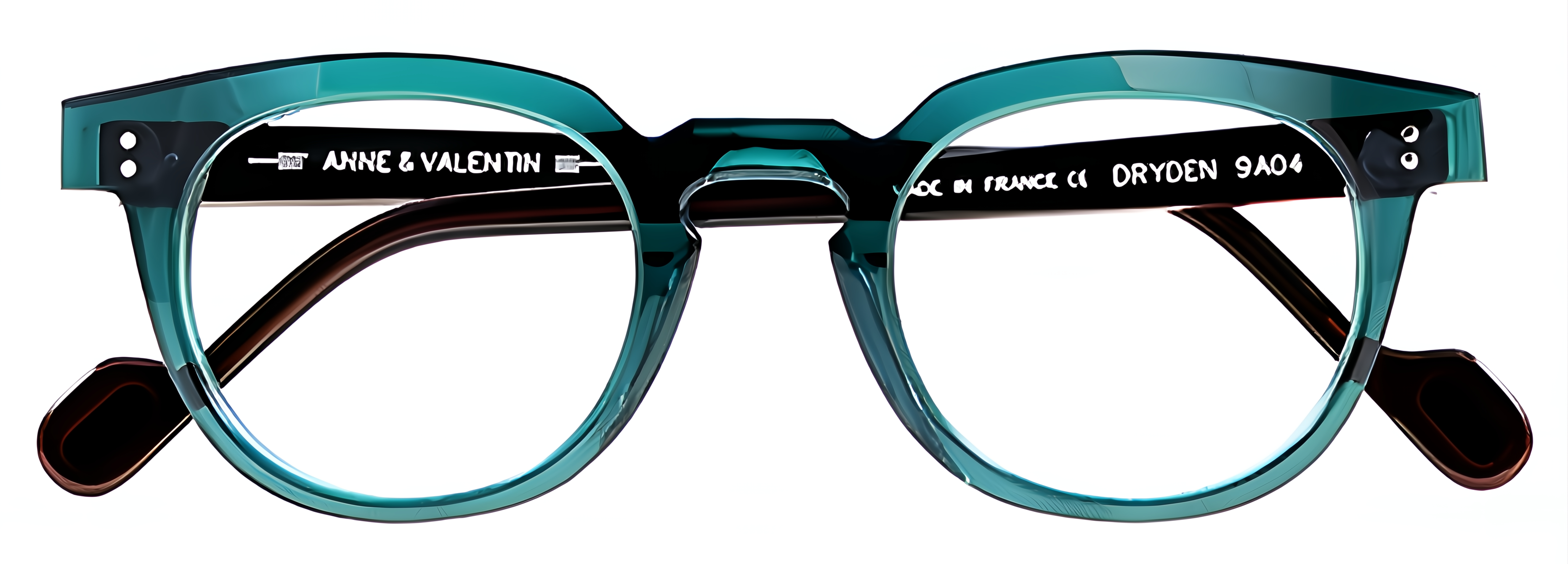 Translucent teal acetate glasses with brown temples, rounded-square lenses, defined brow, and a sculpted keyhole bridge.