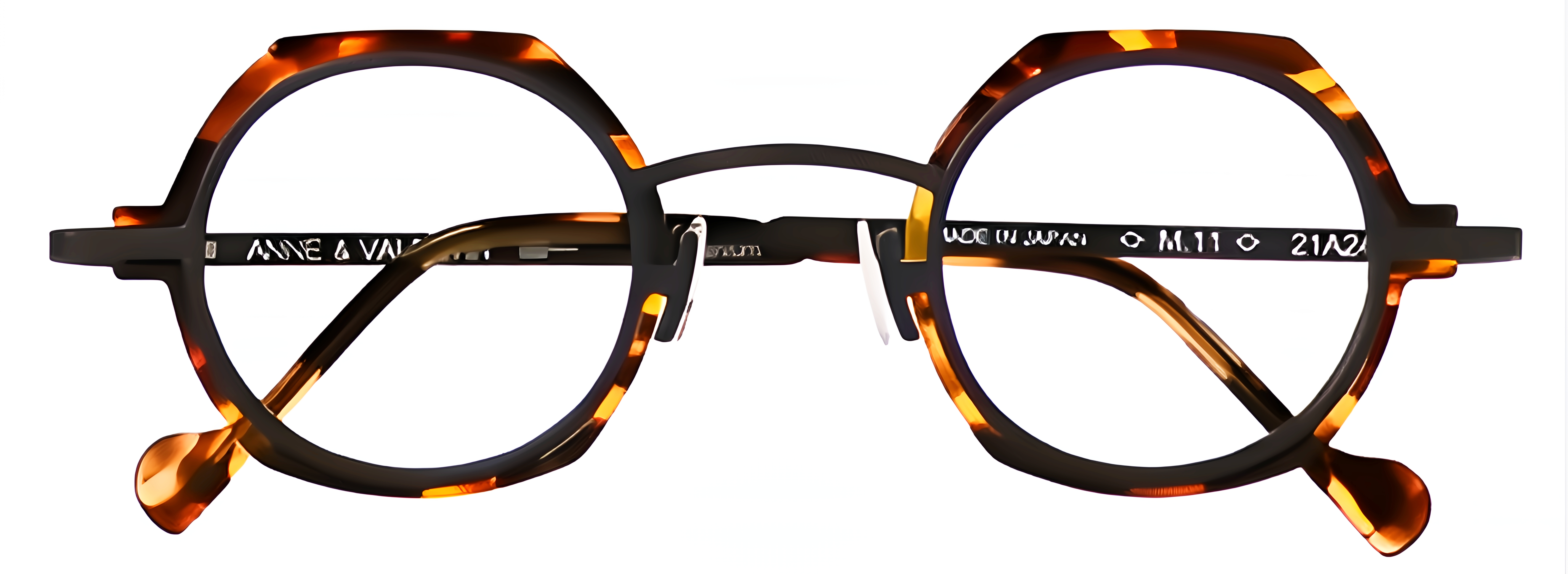 Round tortoiseshell acetate glasses with dark charcoal titanium, geometric outer rims, and a slim metal bridge.