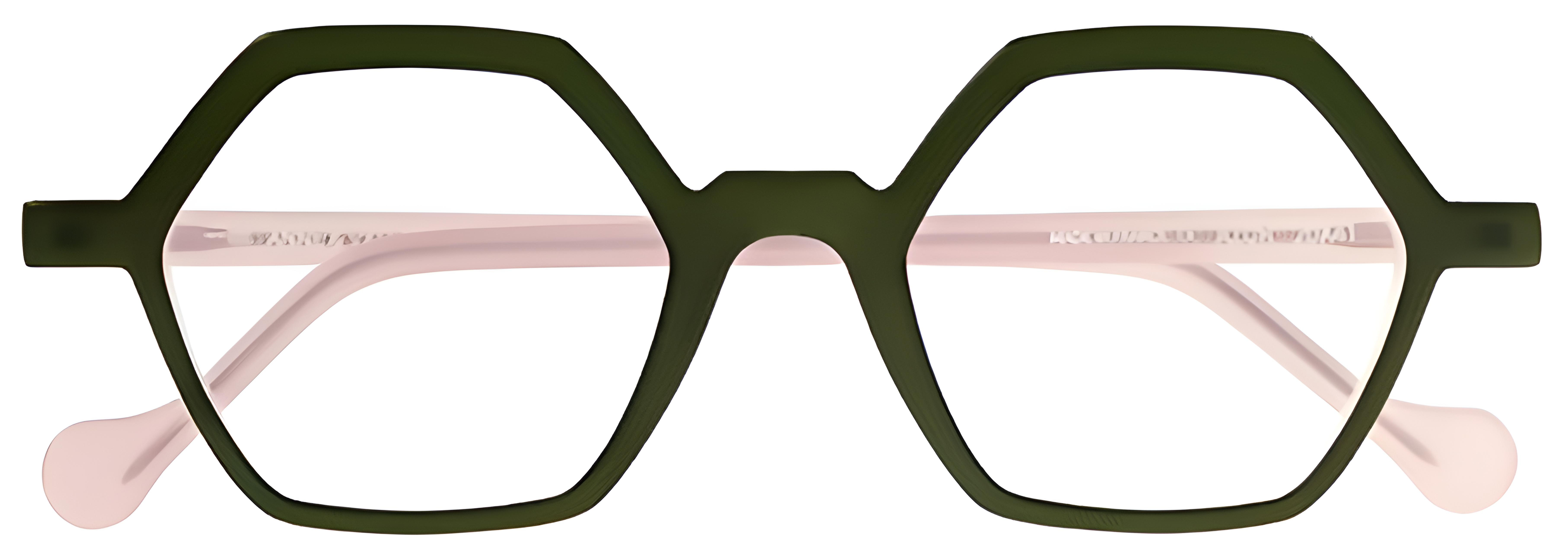 Hexagonal olive-green acetate glasses with champagne-pink inner rims, blush-pink temples, and a saddle bridge