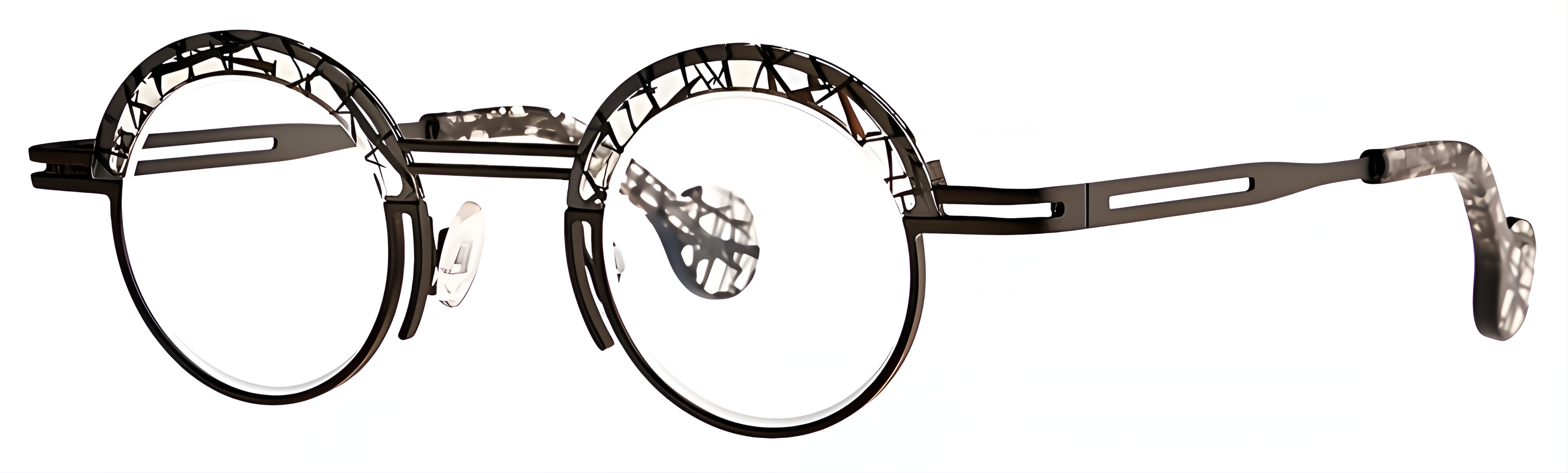 Round black metal-acetate glasses with crystal pixel upper rims and patterned temple tips