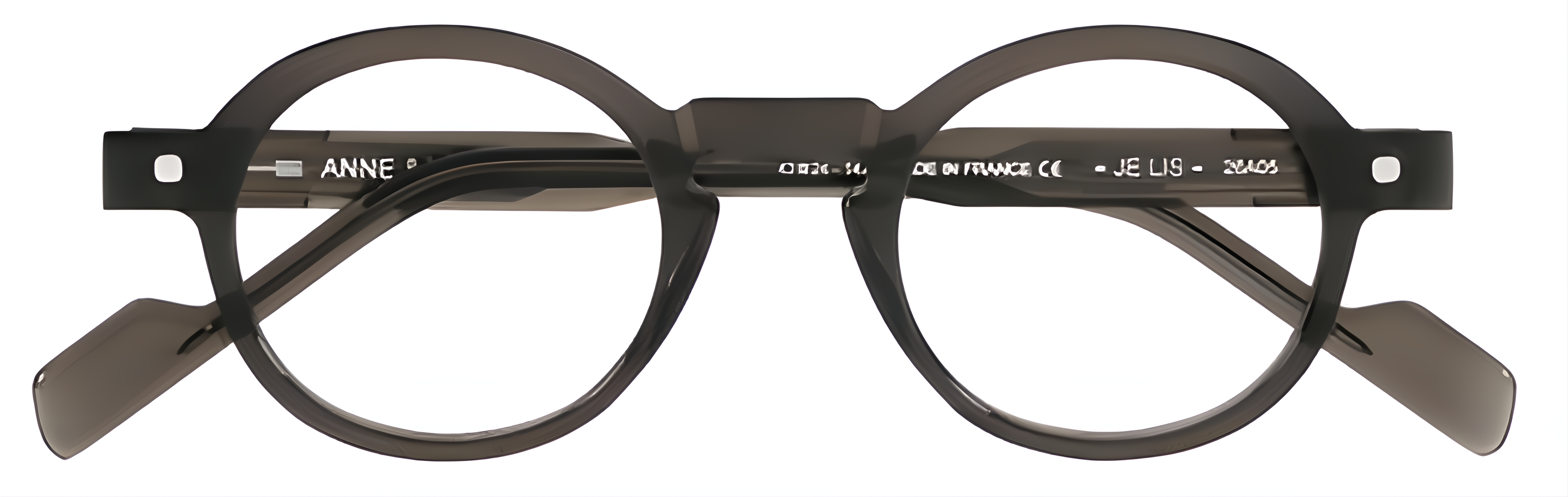 Smoky taupe-gray acetate glasses with charcoal shading, small rounded panto rims, and a slightly raised bridge.