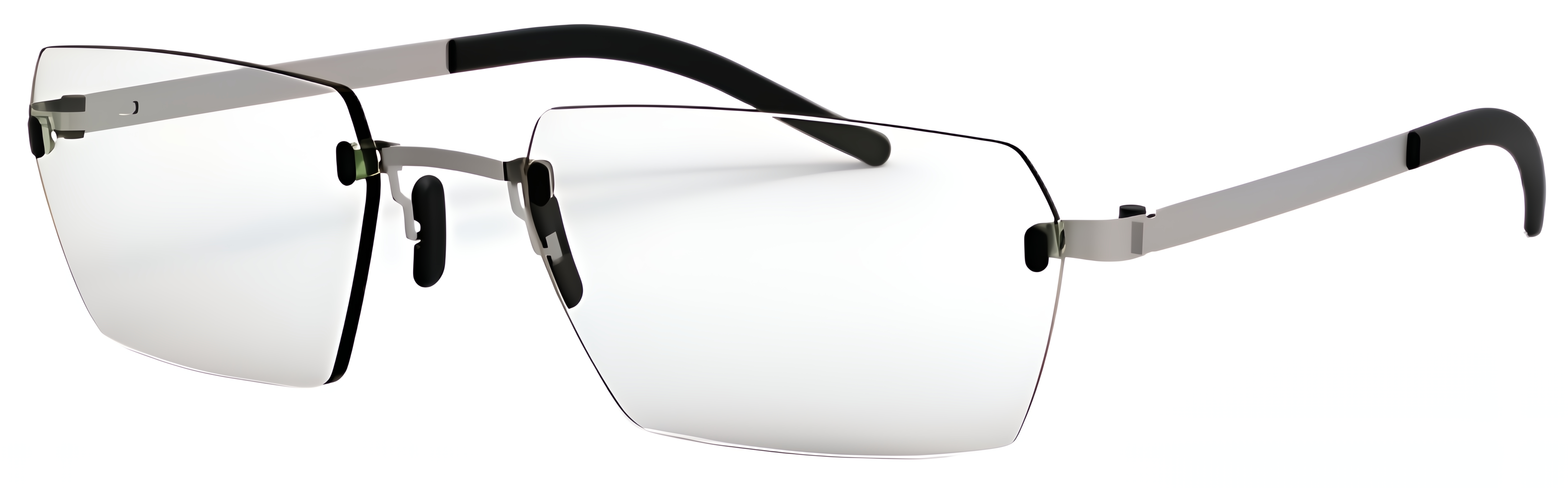 Rimless rectangular-geometric glasses with slim metal details, nose pads, angled lens edges, and minimal bridge design.