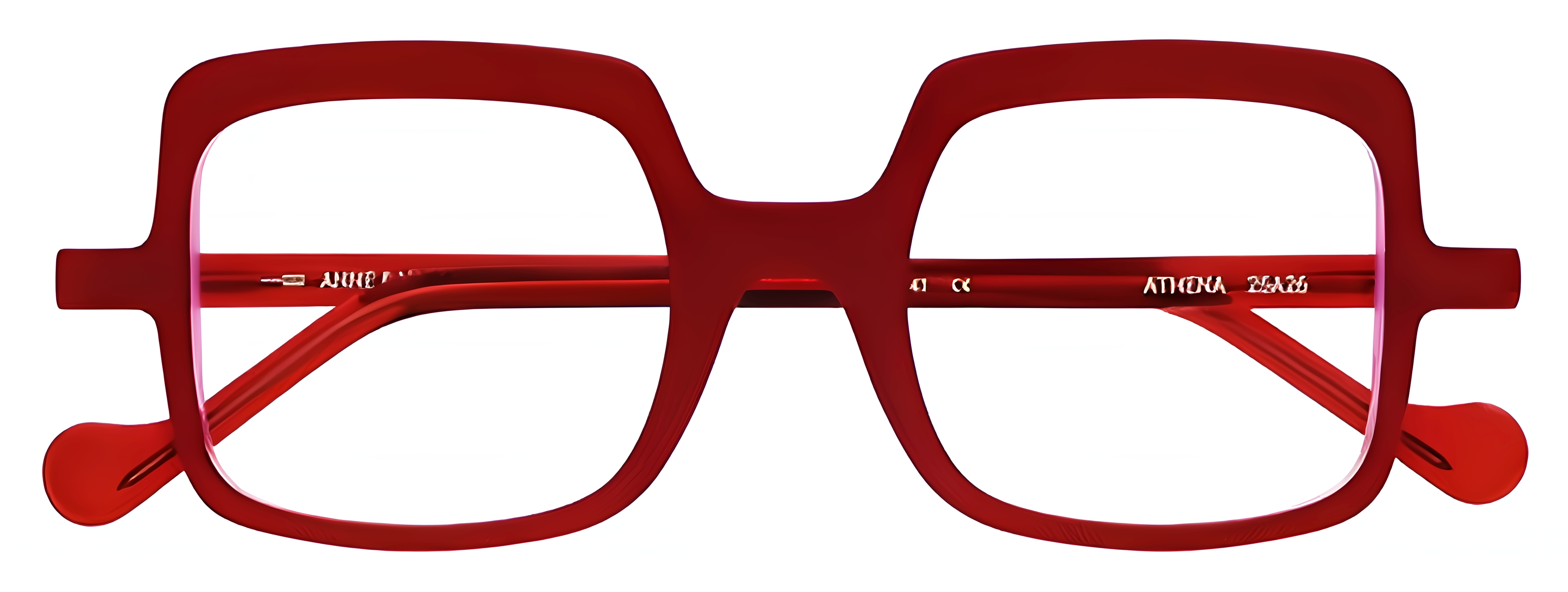 Ruby red acetate glasses with a softly squared rectangular shape, pink inner rim accents, and a sculpted saddle bridge.