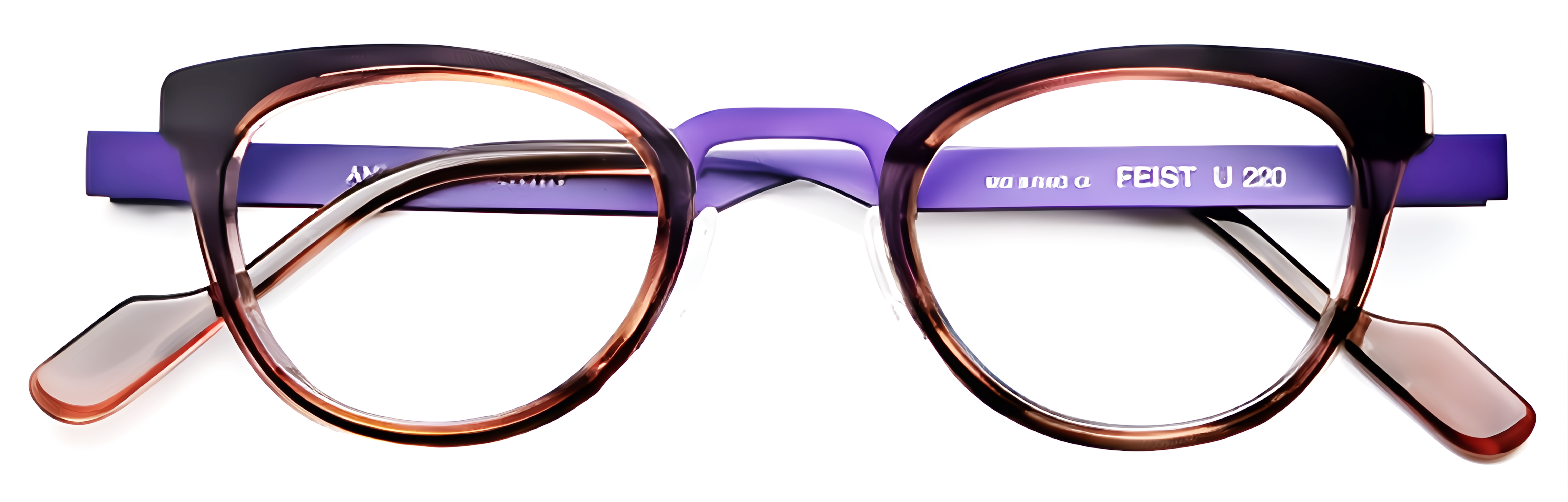 Warm tortoiseshell acetate glasses with violet metal, petite cat-eye rims, and a low-profile bridge.