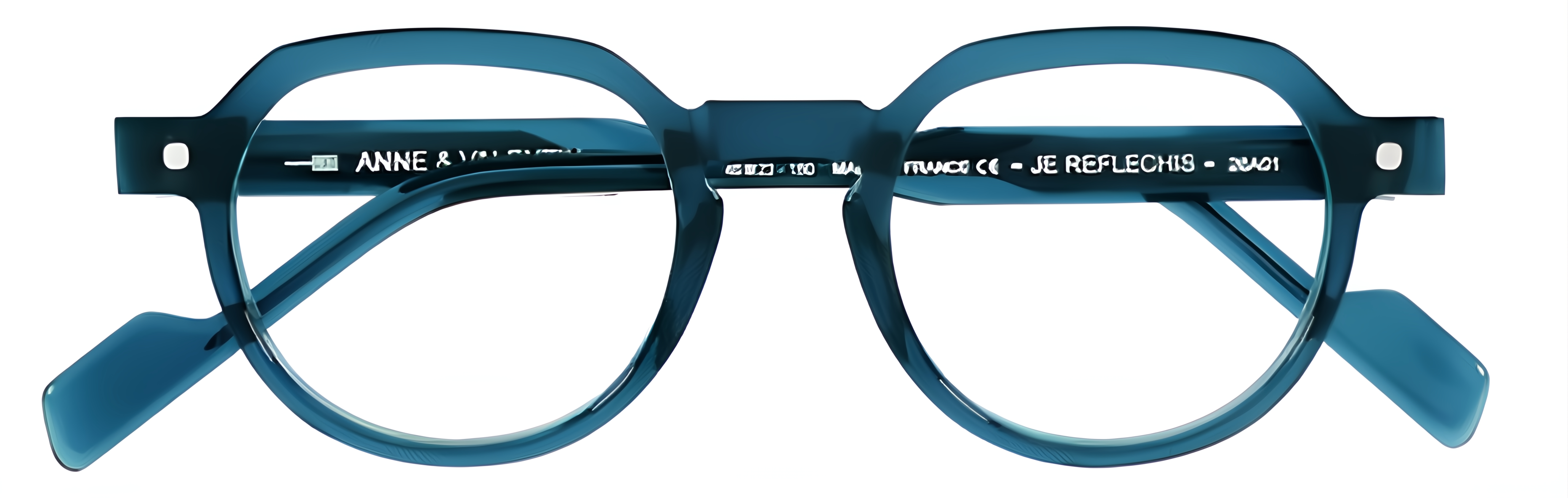 Deep teal-blue acetate glasses with rounded panto rims, structured upper lines, and precise relief-cut detailing.