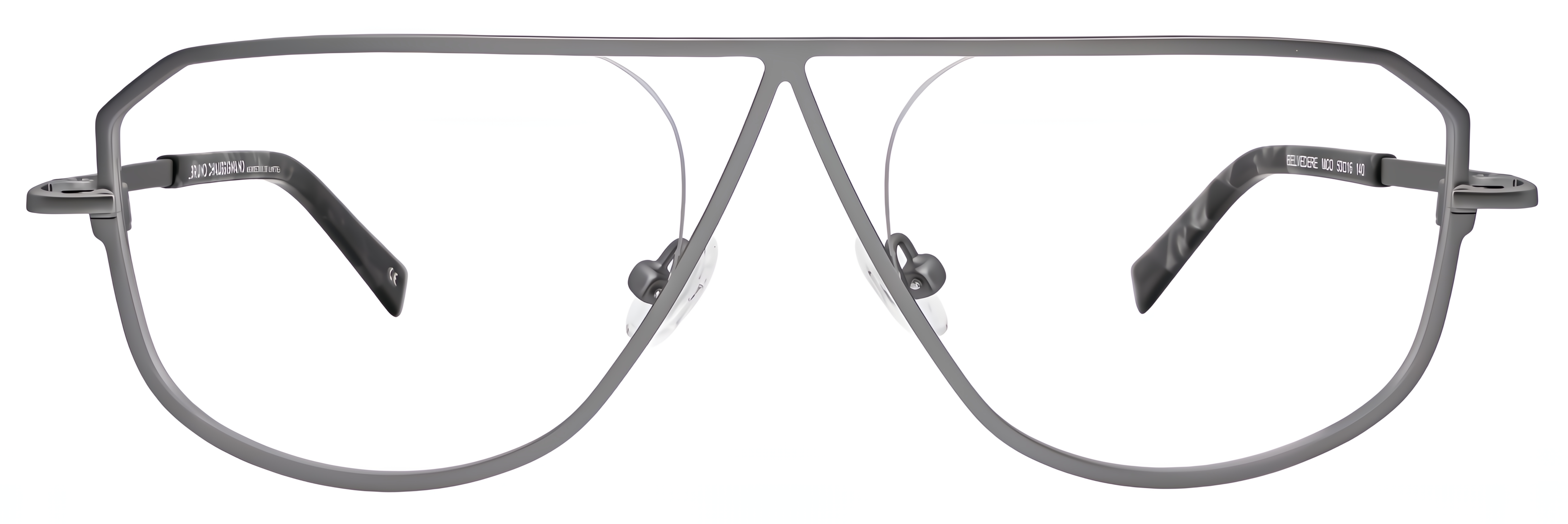 Geometric semi-rimless matte gray metal frame with an angular bridge, double-bar brow, and gray temple tips
