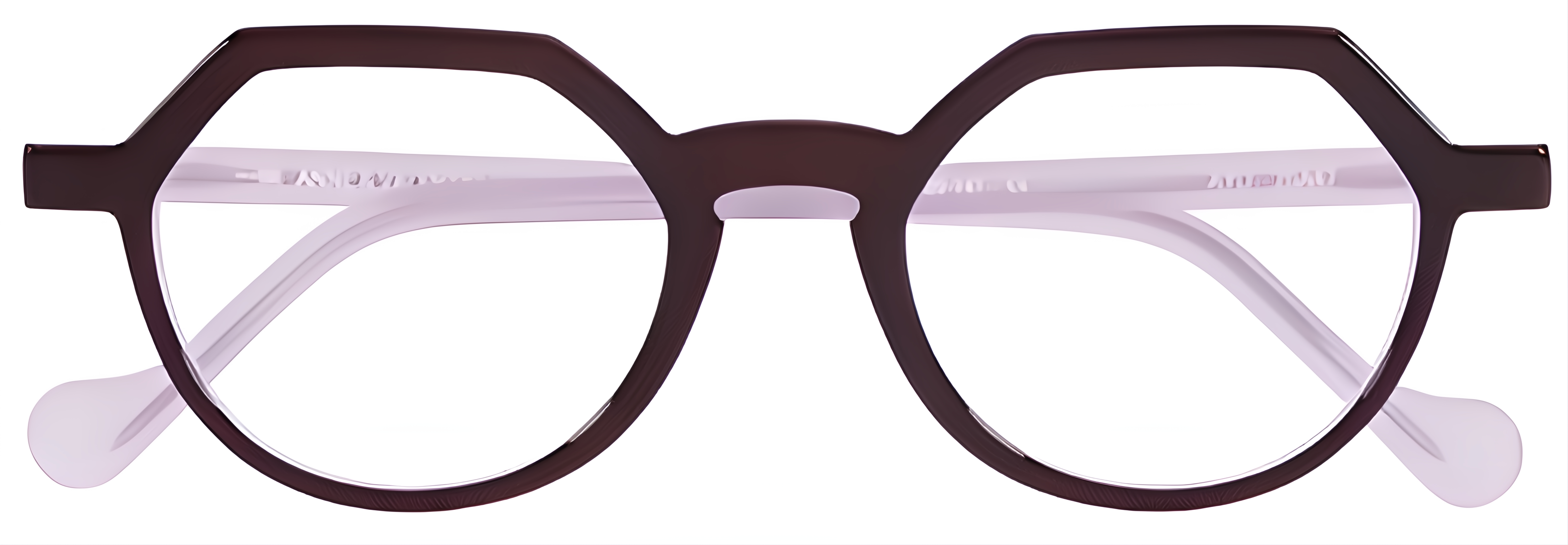 Geometric plum-burgundy acetate glasses with pale lavender inner rims and translucent lavender temples