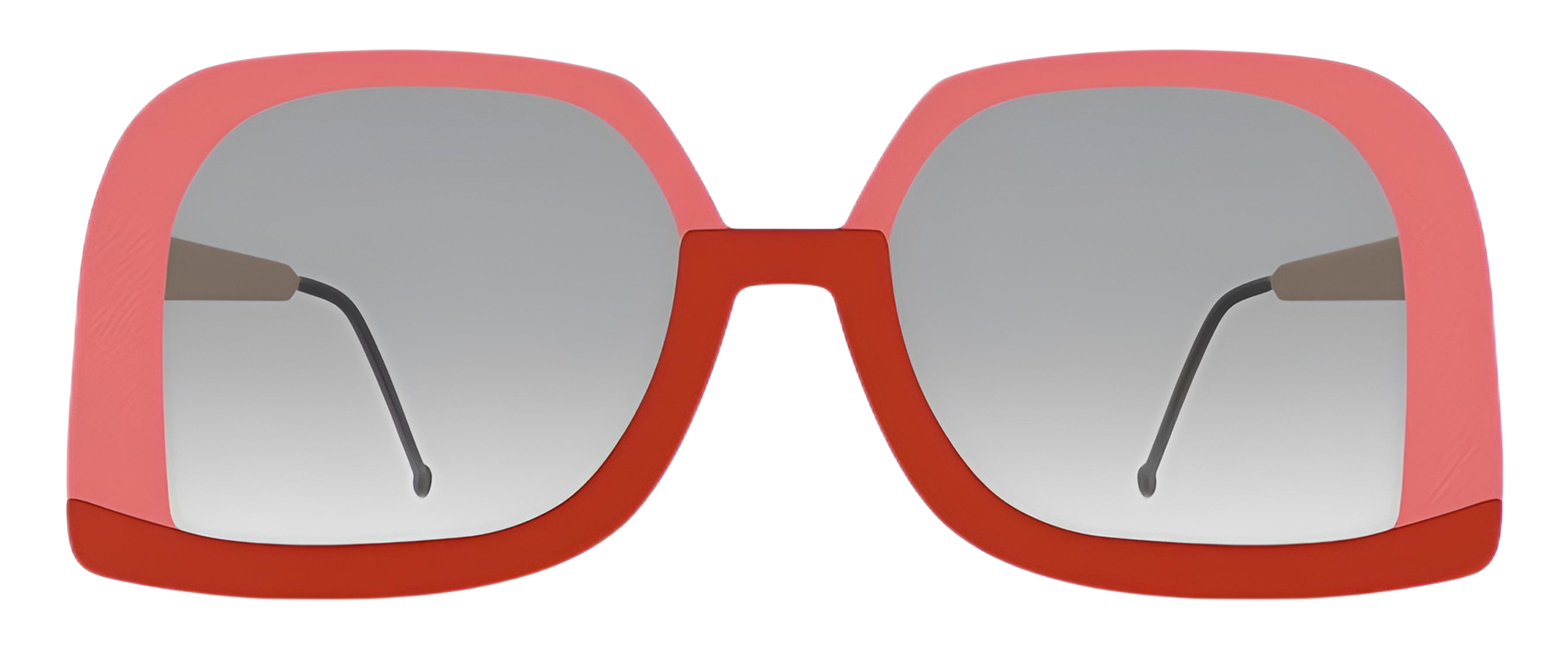 Oversized square birch sunglasses in coral pink and warm red with rounded corners and slim gold metal temples.