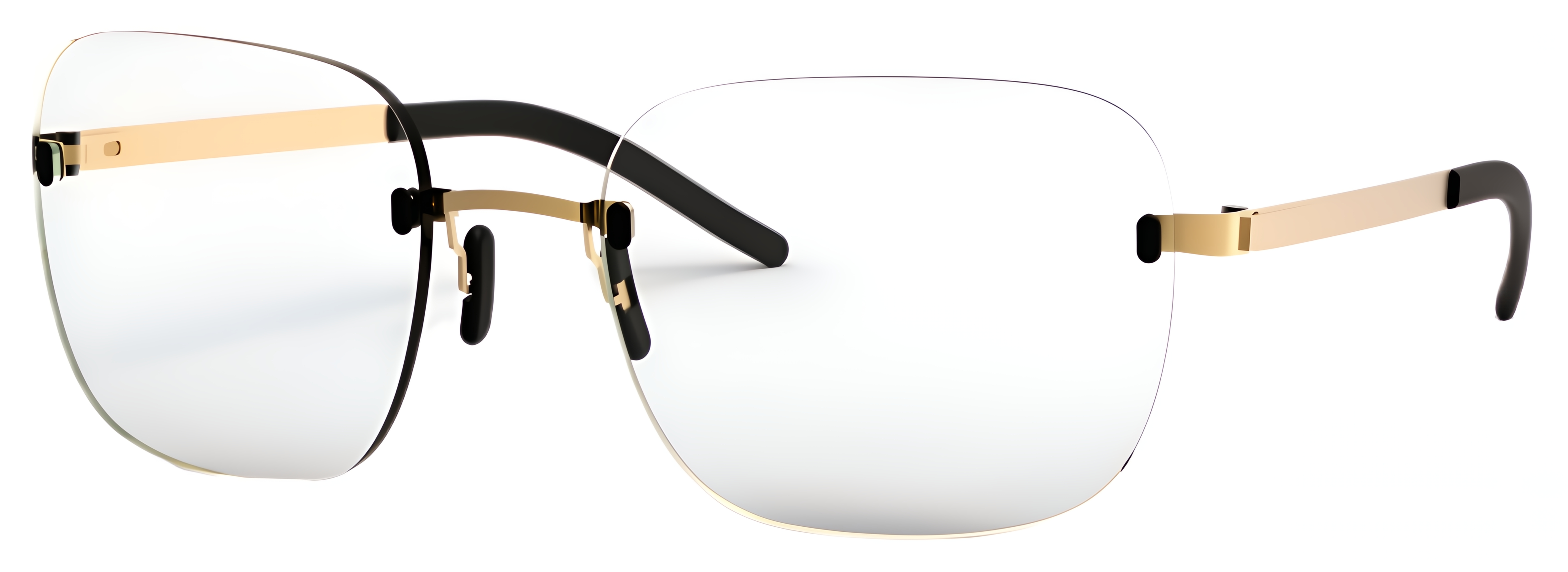 Rimless square glasses with slim metal details, nose pads, clean lens edges, and minimal bridge design.