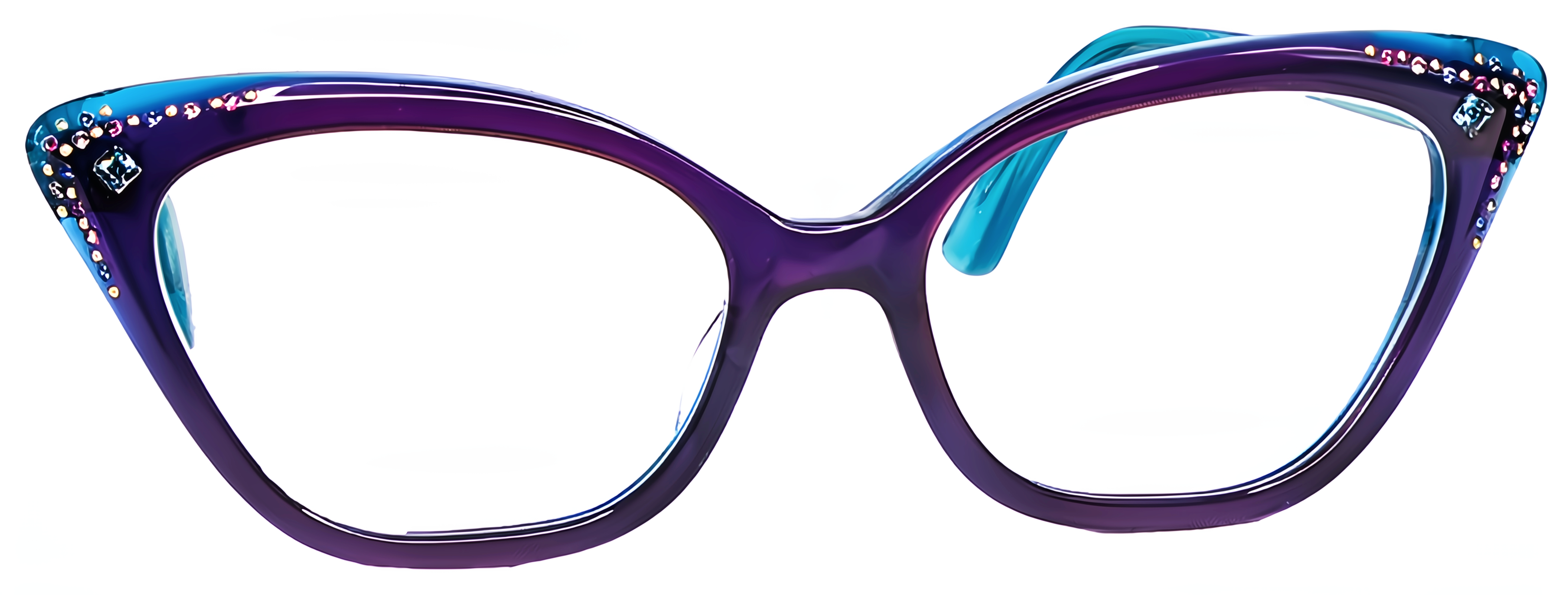 Soft rectangular cat-eye frame in deep violet acetate with turquoise accents and multicolor crystal embellishments.