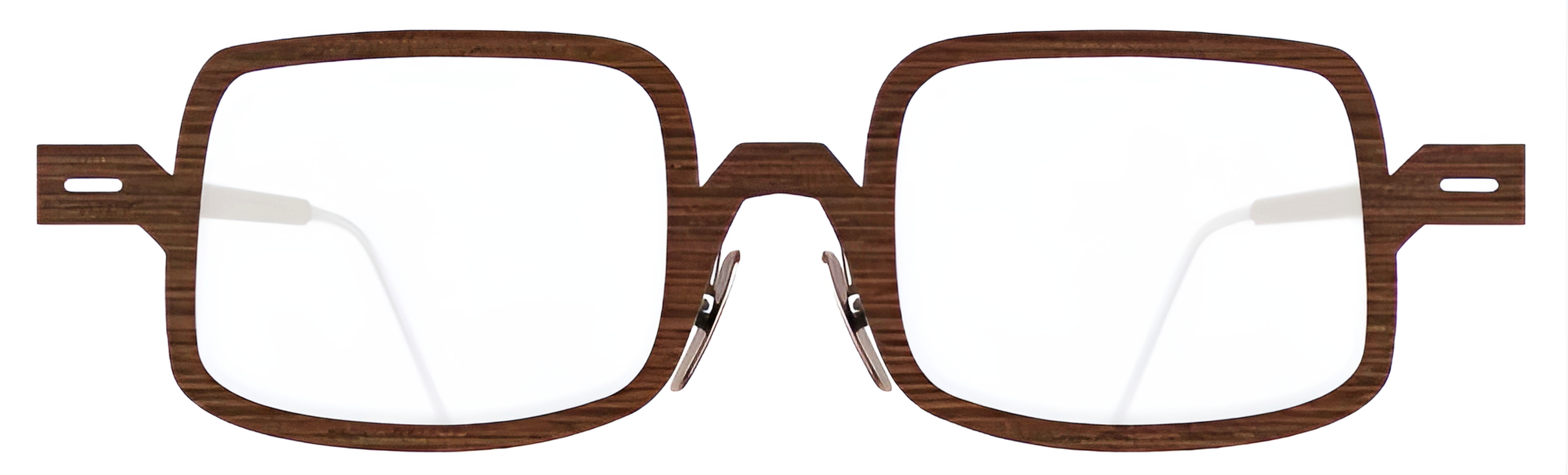 Dark brown wood-grain rectangular birch frame with a geometric saddle bridge, nose pads, and slim metal temples.