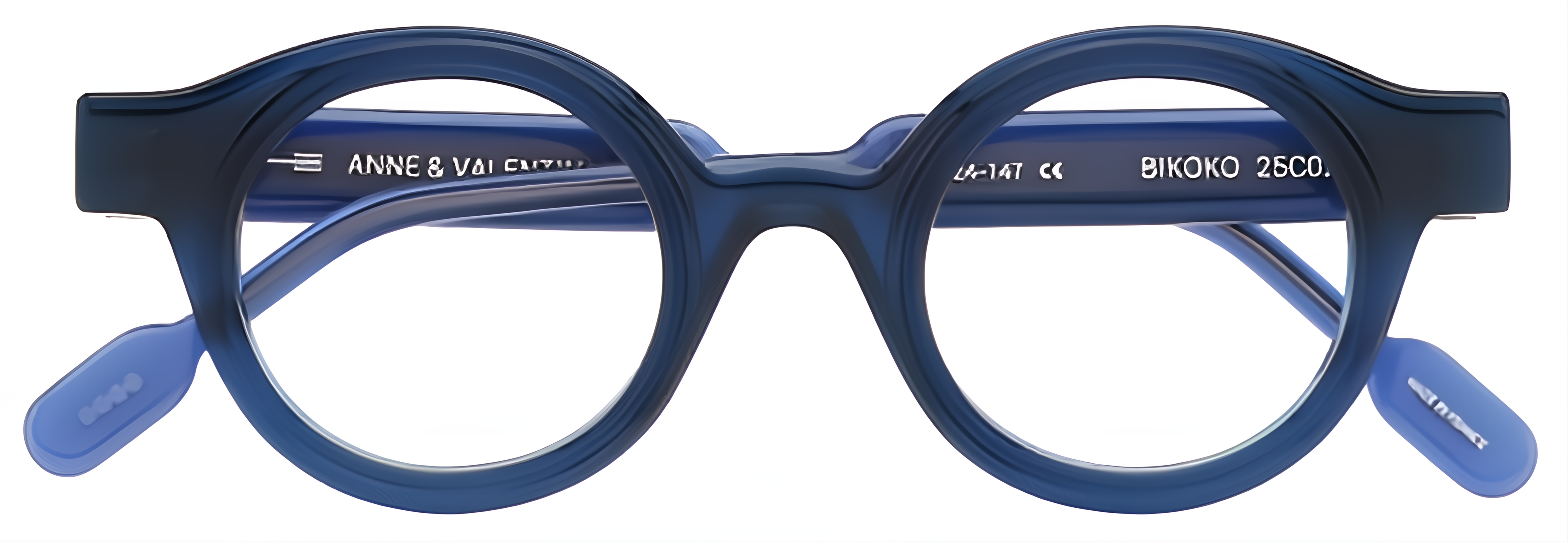 Round translucent blue acetate glasses with sculpted front grooves and darker striated temple detailing