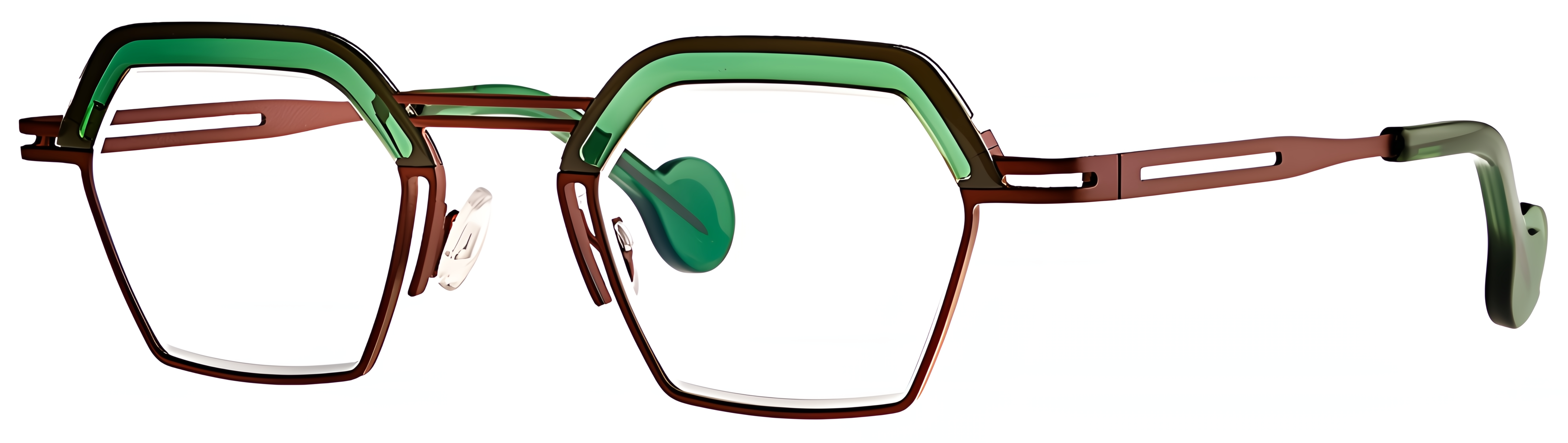 Geometric brown metal-acetate eyeglasses with transparent green accents and a bold full-rim design.