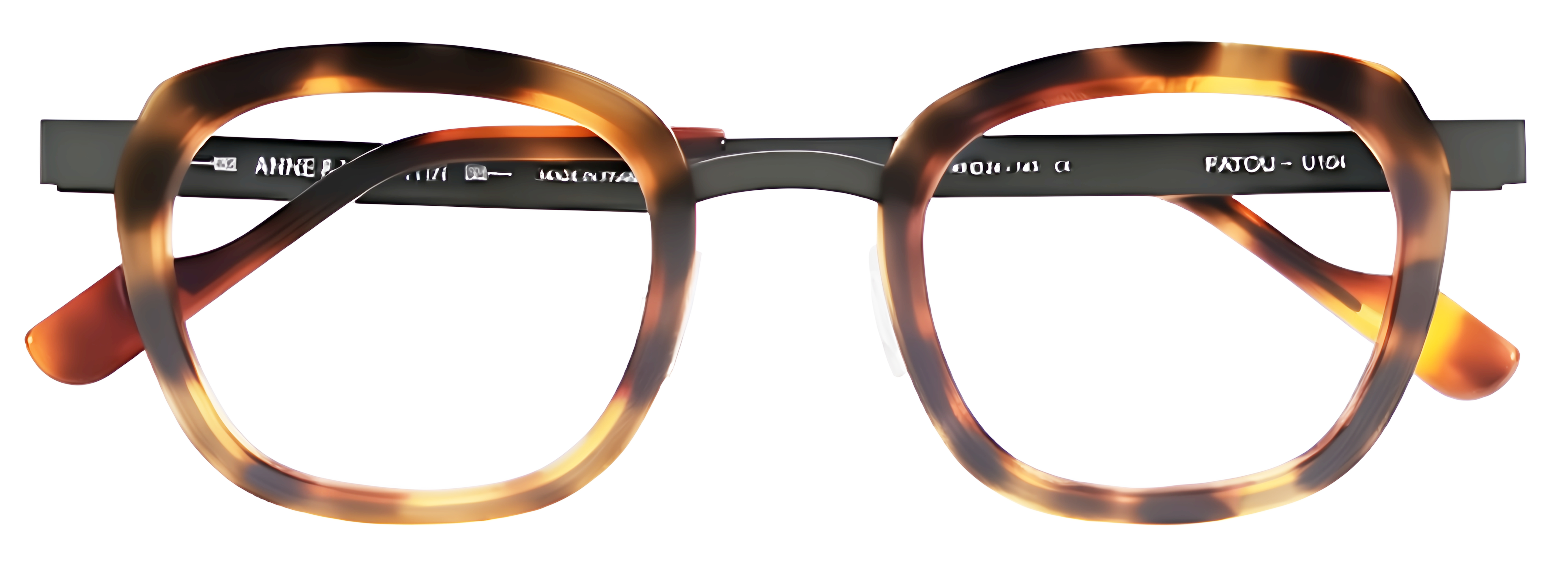 Warm tortoiseshell acetate glasses with matte black metal, soft trapezoidal rims, and a low-profile bridge.