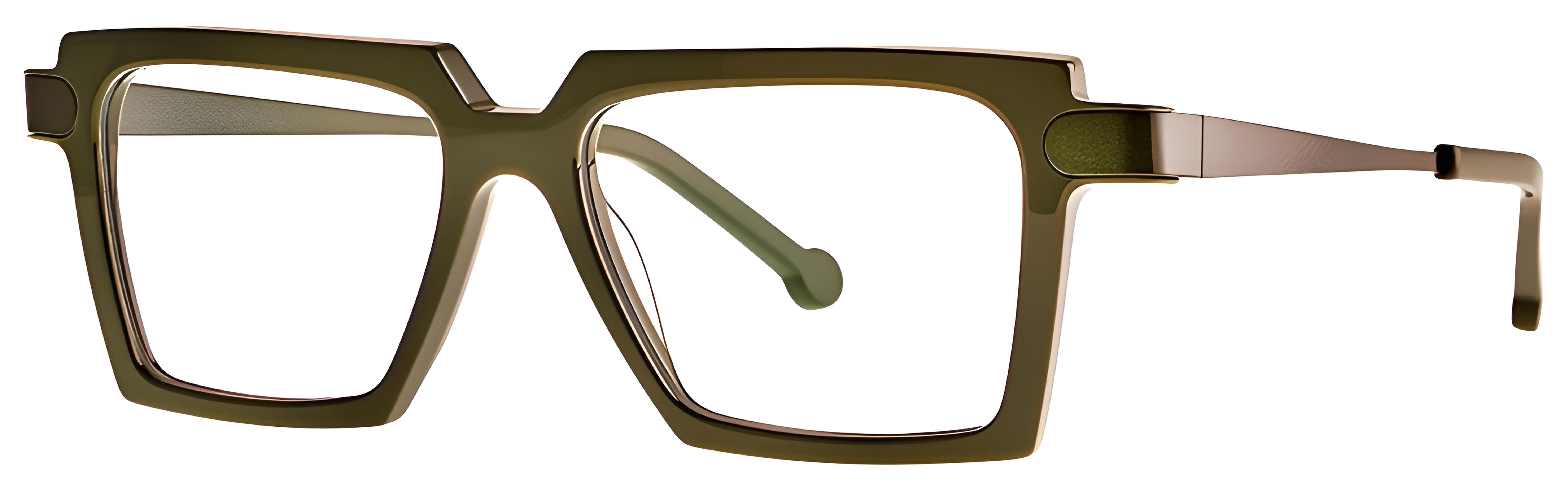 Square green metal-acetate eyeglasses with layered inner rim detail and muted green temples.