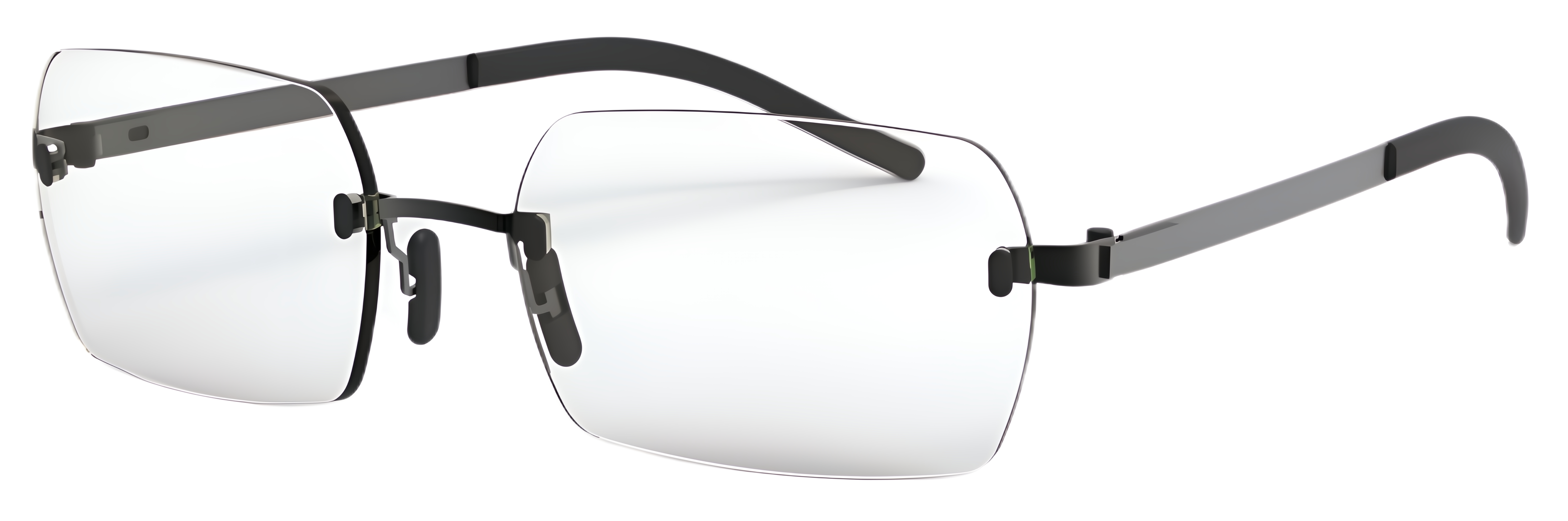 Rimless narrow rectangular glasses with softened corners, slim metal details, clear nose pads, and minimal bridge design.