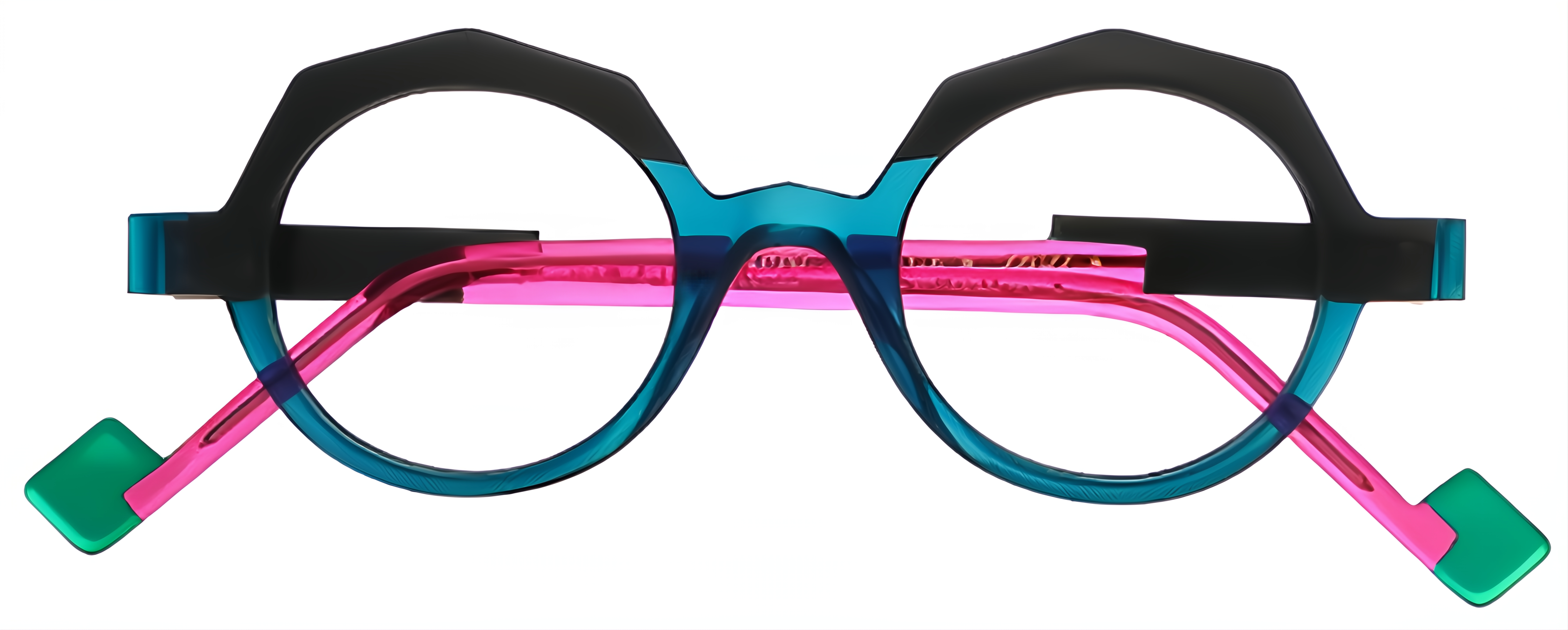 Small round teal acetate glasses with black brow accents, pink temples, turquoise tips, and keyhole bridge.