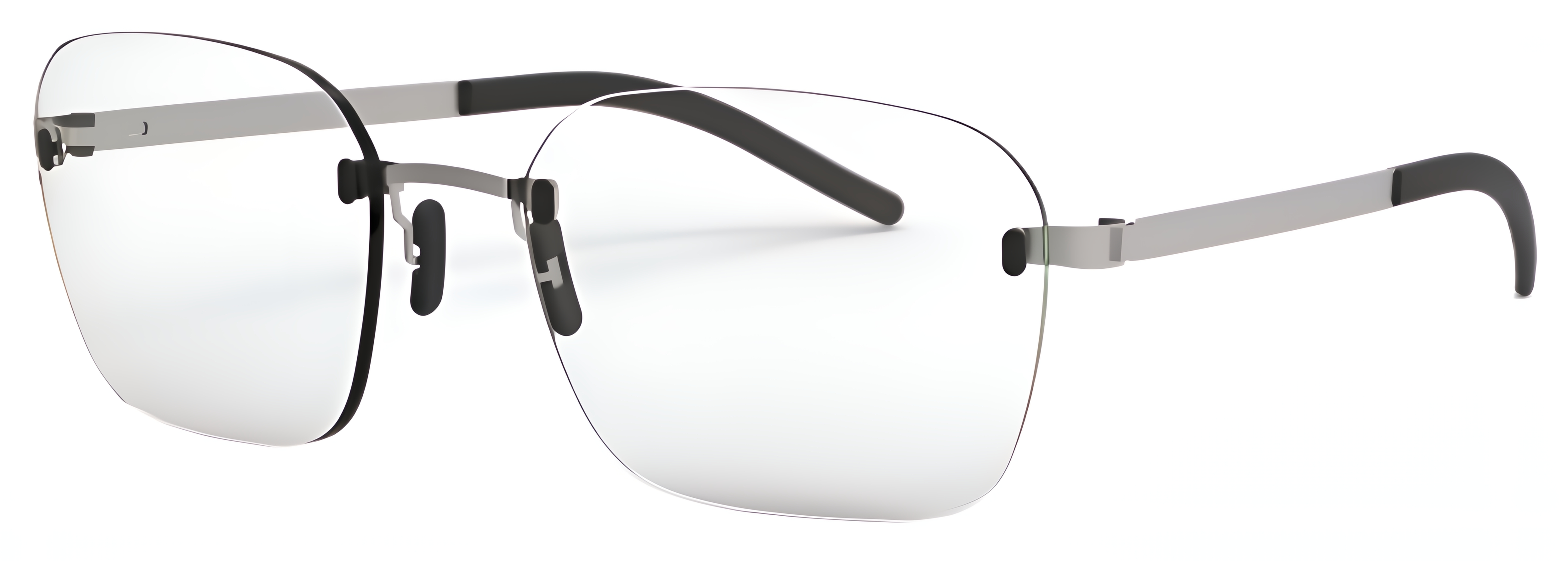 Rimless rectangular glasses with slim metal details, clear nose pads, rounded lens edges, and minimal bridge design.