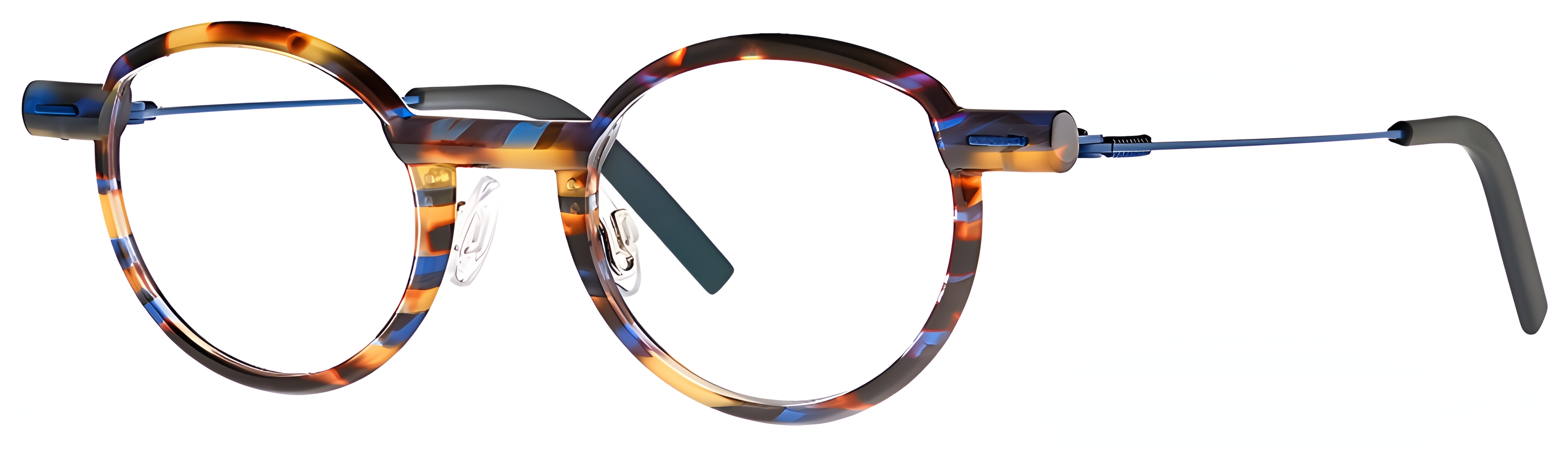 Oval blue tortoise metal-acetate eyeglasses with Shelby blue accents and subtle cat-eye lift.