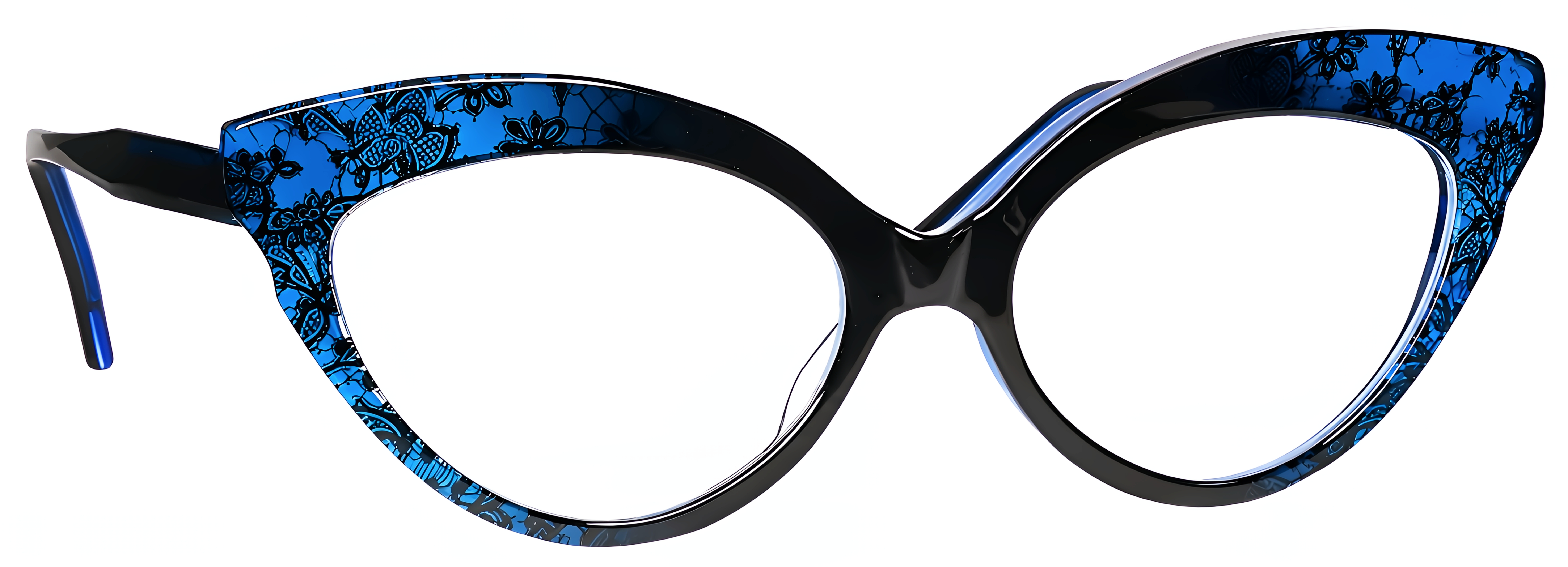 Sculptural black and cobalt cat-eye frame in acetate with intricate floral lace inlay and sharply extended corners.