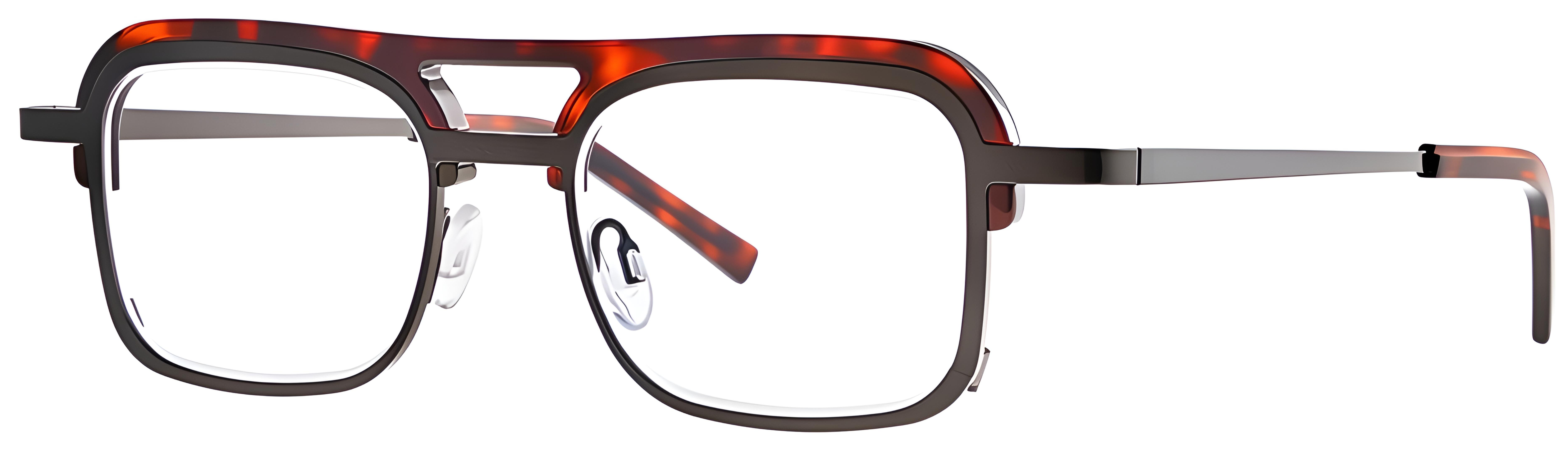 Square dark metal eyeglasses with warm brown-red acetate brow detail and layered full-rim design.