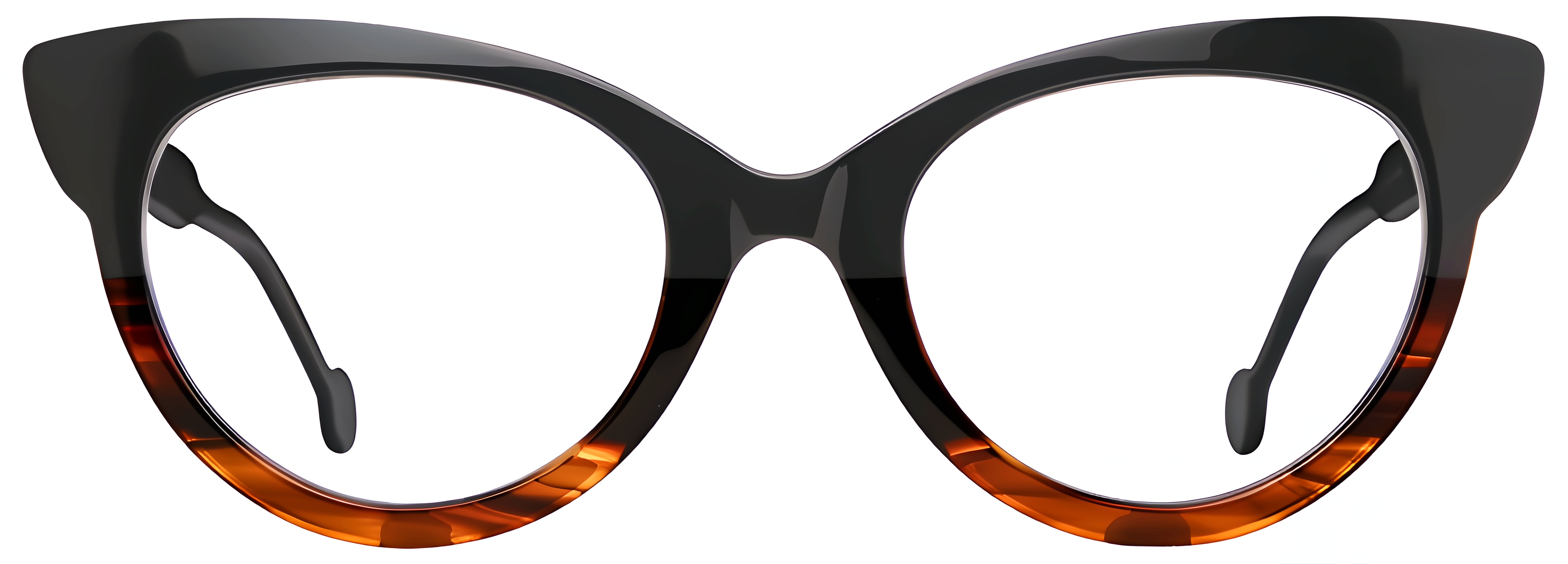 Cat-eye glossy black acetate glasses with translucent amber-brown tortoise lower edges.