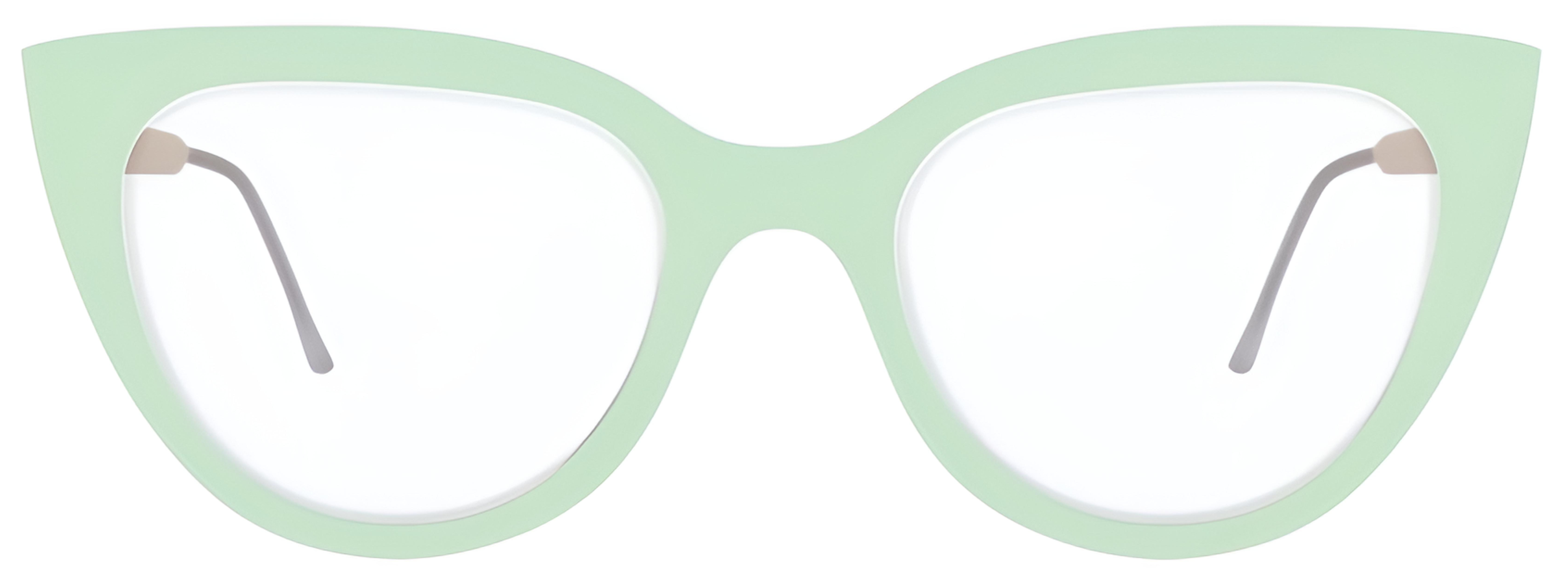 Pale mint green cat-eye birch frame with sweeping brows, pointed corners, a saddle bridge, and slim gold metal temples.