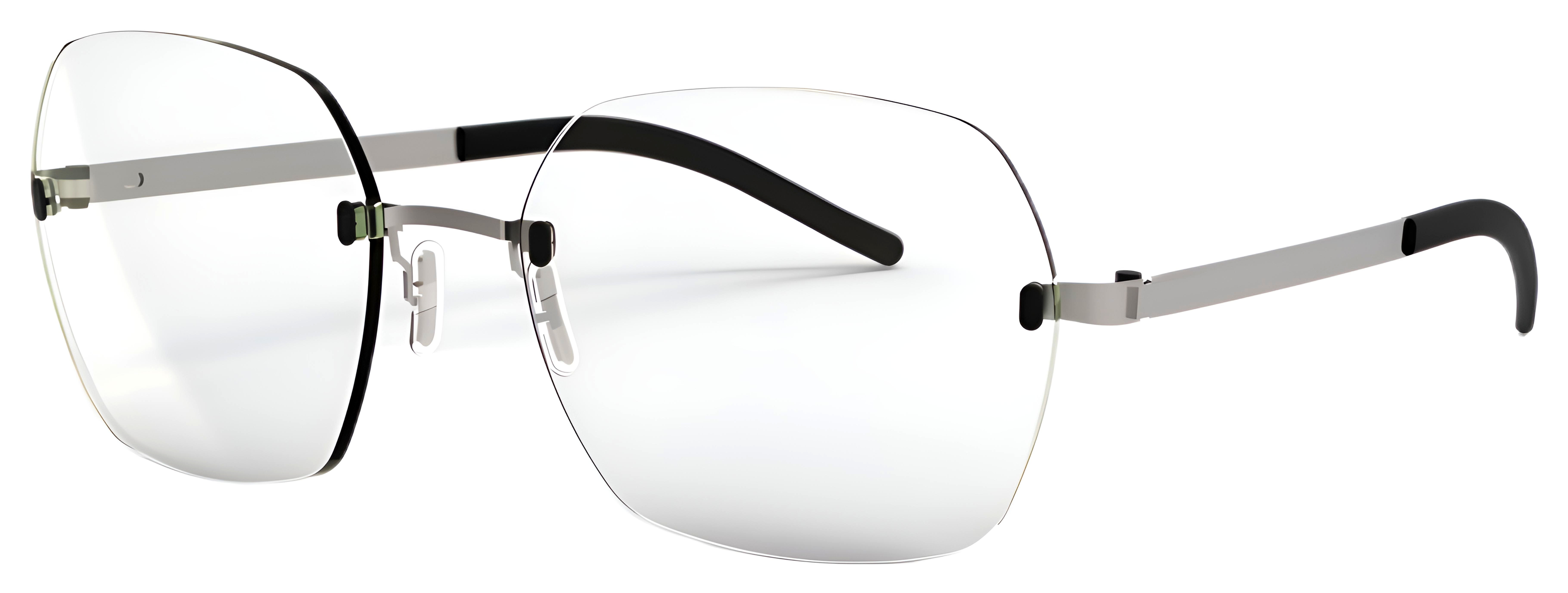 Rimless soft square-geometric glasses with slim metal details, nose pads, softened angles, and minimal bridge design.