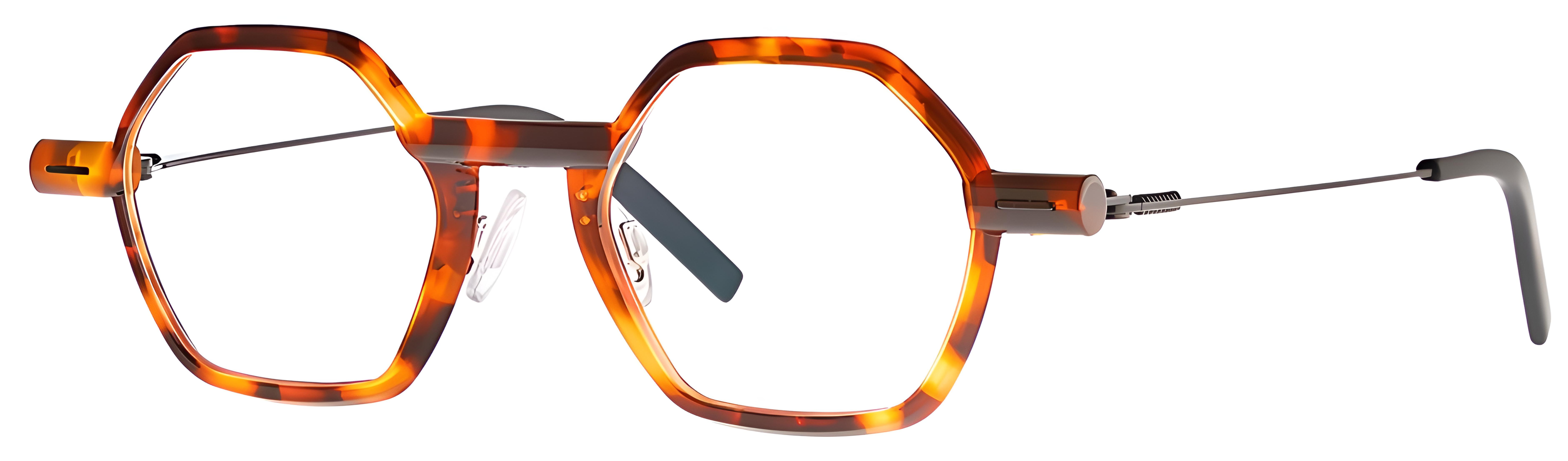 Geometric brown havana eyeglasses with dark metal temples, graphic accents, and mixed-material design.